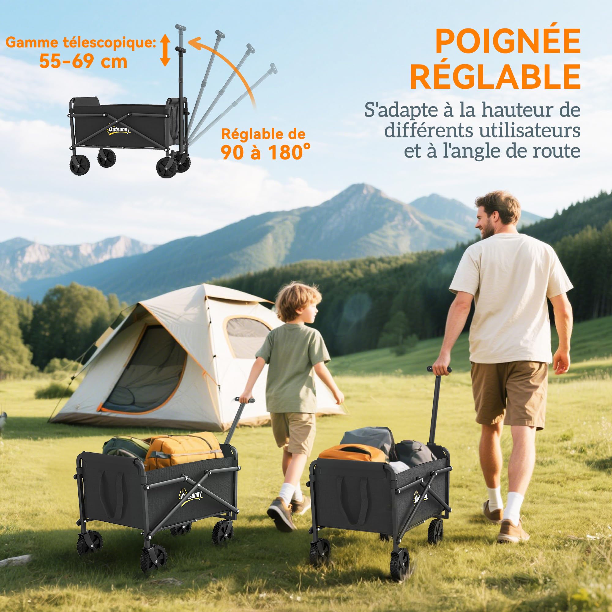 Outsunny Chariot de Transport de Plage Pliable à roulettes 60 kg Noir | Chariot de Jardin, Poignée Télescopique, Remorque avec Sacs de Transport, pour Plage, Camping, Festival
