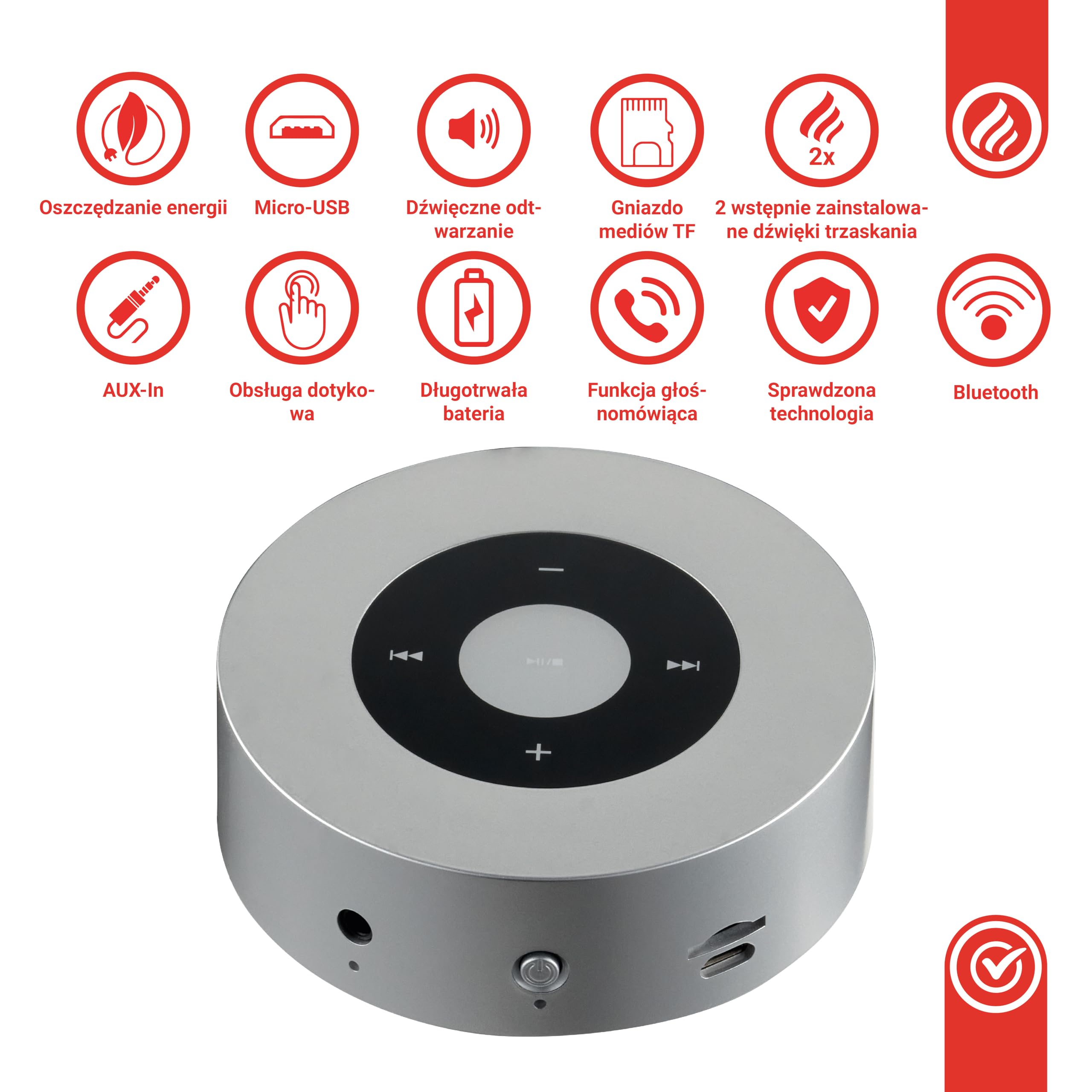 KAMINIO Głośnik z efektem trzaskania MORITZ - Mocny głośnik z dźwiękami ognia kominkowego, Bluetooth, AUX, mikrofonem, akumulatorem - Srebrny