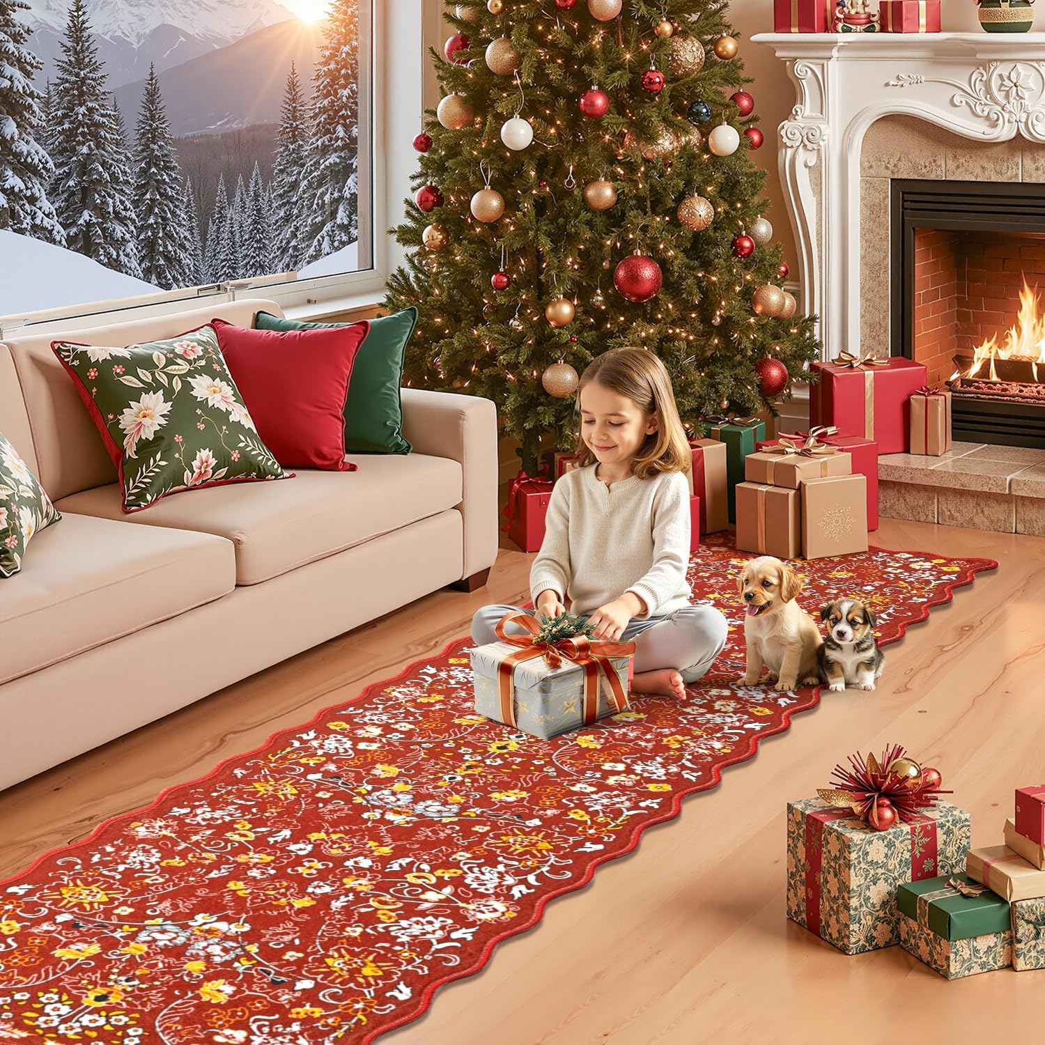 LOKHOM Christmas Runner Rug, 2x8 Red Non Slip Washable Hallway Runner Rug with Rubber Backing, Xmas Winter Floral Soft Low Pile Kitchen Carpet Runner for Laundry Entryway Holiday Decor - Image 3