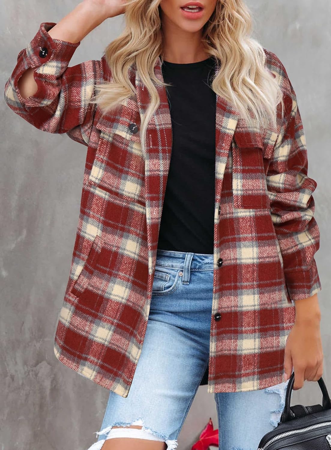 Beaully Women's Flannel Plaid Shacket Fall Winter Outfits Long Sleeve Button Down Shirts Jacket Coats with Side Pockets - Image 3