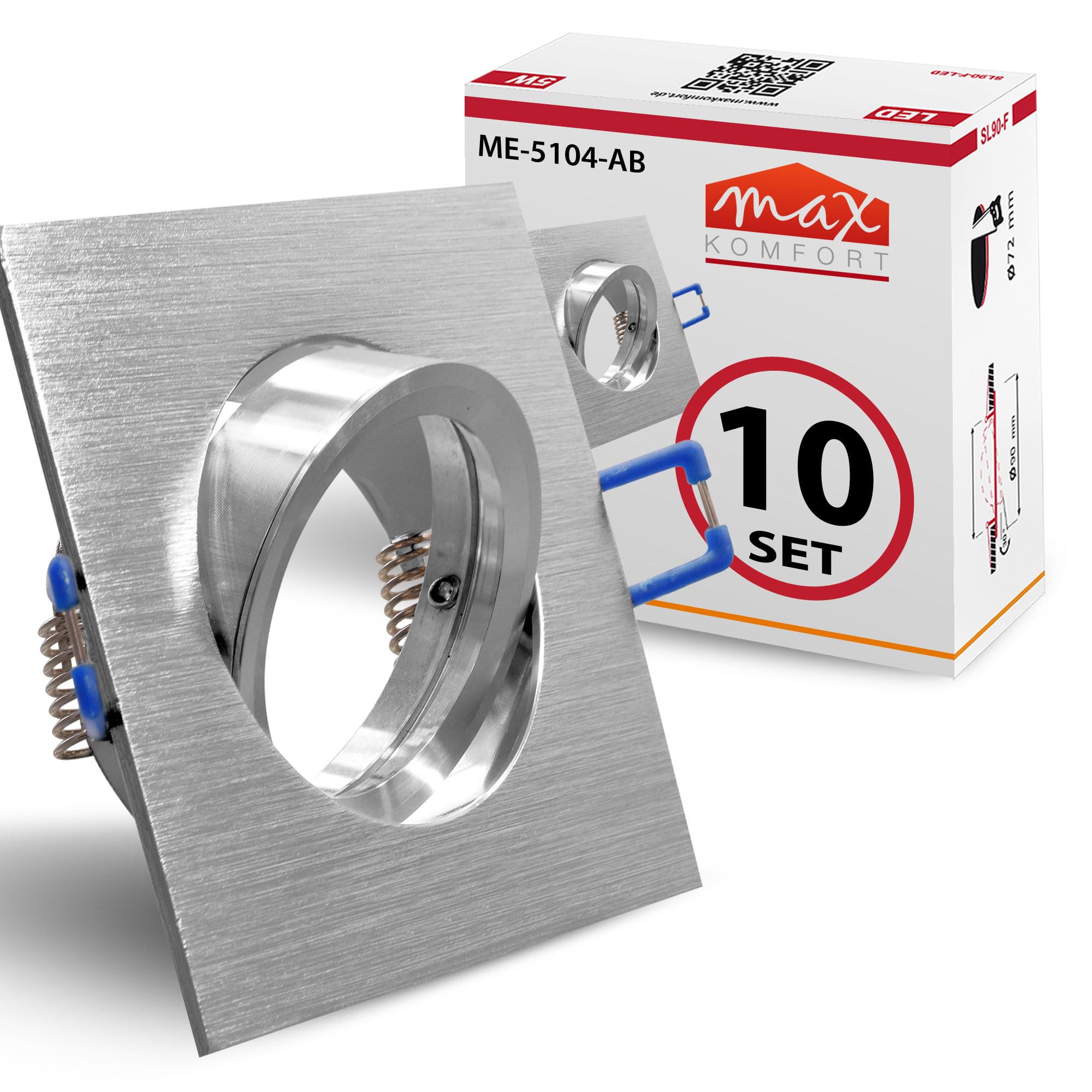 10x Einbaustrahler IP20 GU10 Fassung, Eckig, Alu gebürstet, schwenkbar