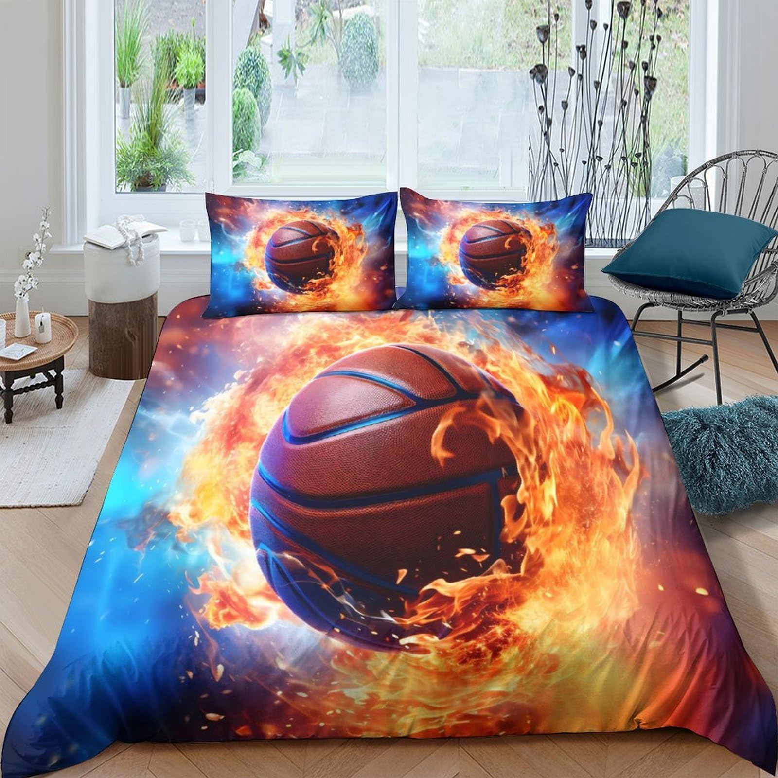 Ctjqhvkz Style-3 3D Printed Fire Basketball Fitted Sheet Microfiber Orange Blue Flame Bed Cover For Bedroom Dorm Bed Protection Decor Single（135X200cm）