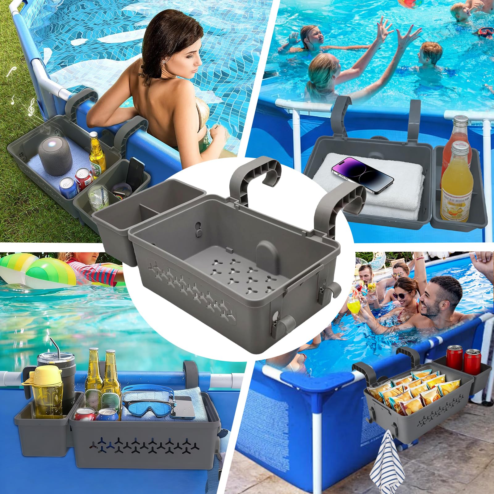 Panier de Rangement Piscine Hors Sol Suspendu, Organisateur pour Piscine, Panier De Piscine Suspendu, Panier de Rangement Suspendu avec Porte-gobelets, pour Jouets, Serviettes, Boissons