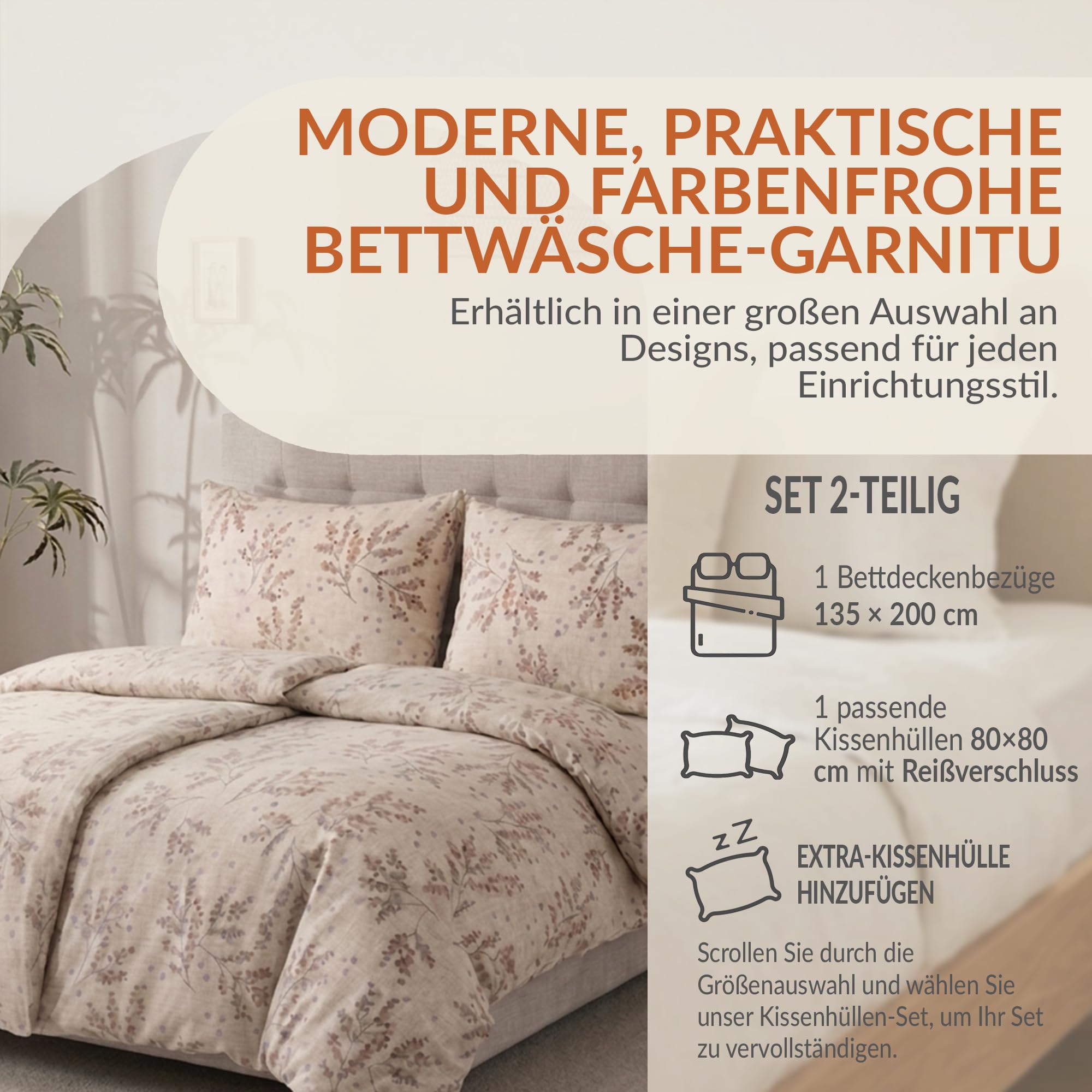 Dorian Home Bettwäsche Set 135x200 cm 100% Baumwolle - 1 Bettbezug 135x200 + 1 Kissenbezug 80x80 cm - Made in Italy (Sambuco Haselnuss, 2 Teilig | 135x200 cm + 80x80 cm)