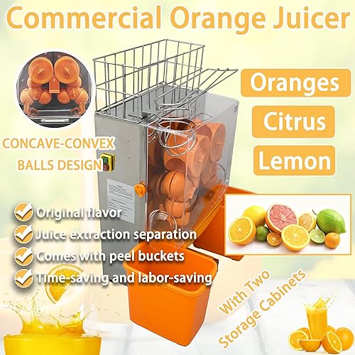 Miniatura 2 de Máquina exprimidora naranja comercial de 110 V, extractor automático de acero inoxidable naranja con engranajes de acero, 2 cáscaras que recogen