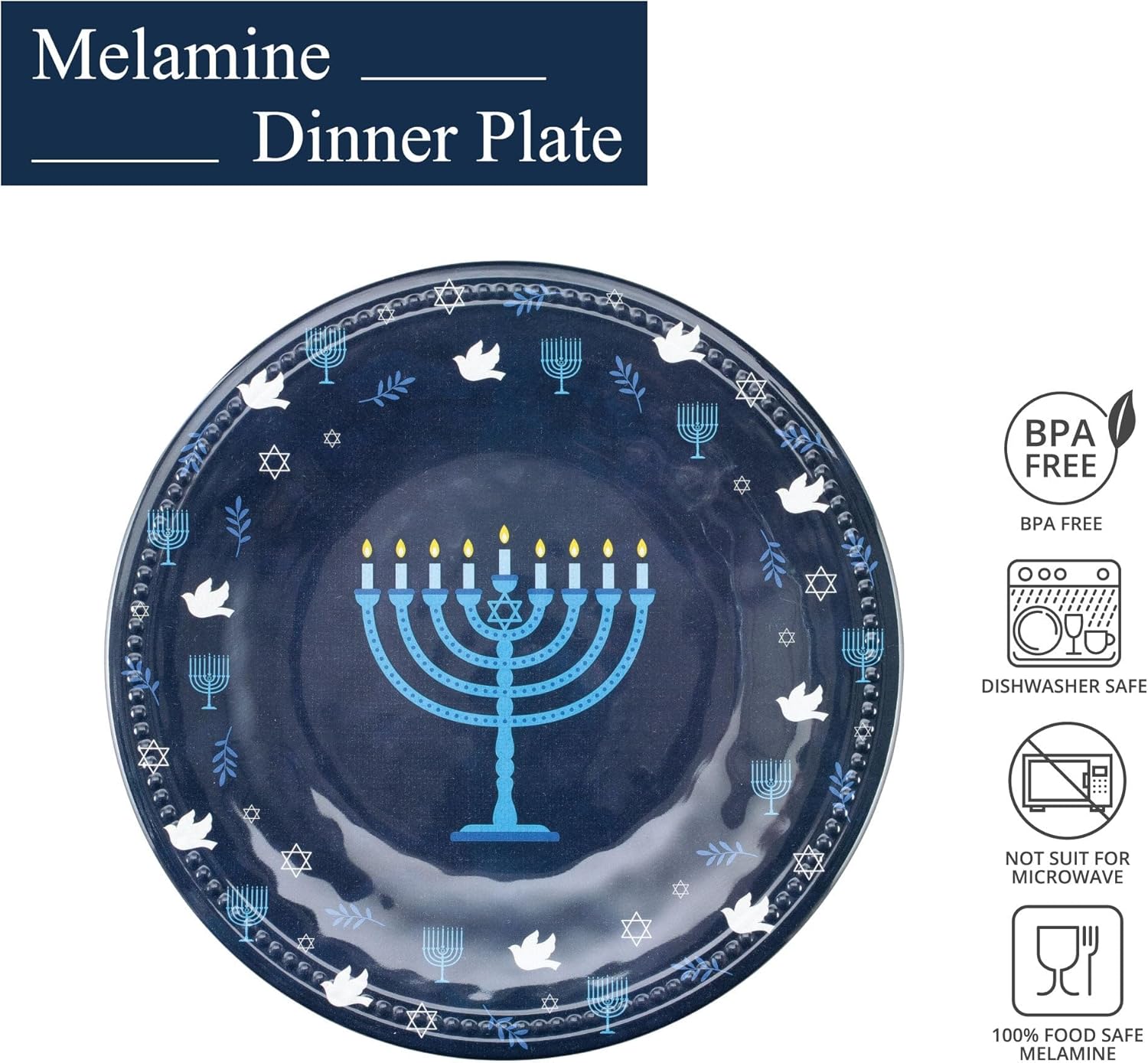 UP UPware Hanukkah Melamine Dinner Plate Set, Round Plates with Beaded Edge for Main course, Pasta, and Salad, BPA-Free, Dishwasher Safe, Blue, 10.75 Inch, Set of 6