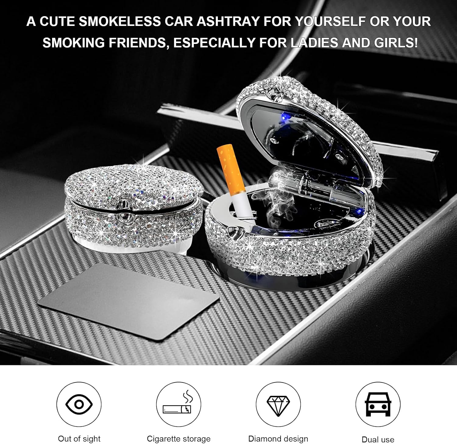 Car Ashtray with Lid, Portable Bling Cylinder Cup Holder Ash Tray with LED Light Indicator, Sparkling Smokeless Ash Holder Mini Trash Can for Vehicle Home Office Travel (Black)