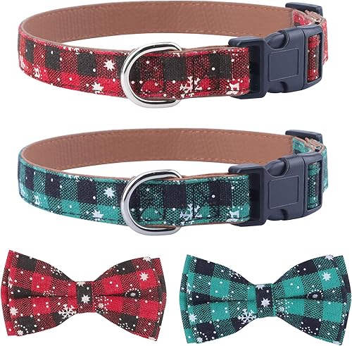 Miniatura 3 de Collar de Navidad para perro con elegante corbatín, cuero de alta calidad, algodón rojo y verde, copo de nieve, duradero, suave, cómodo, de tela