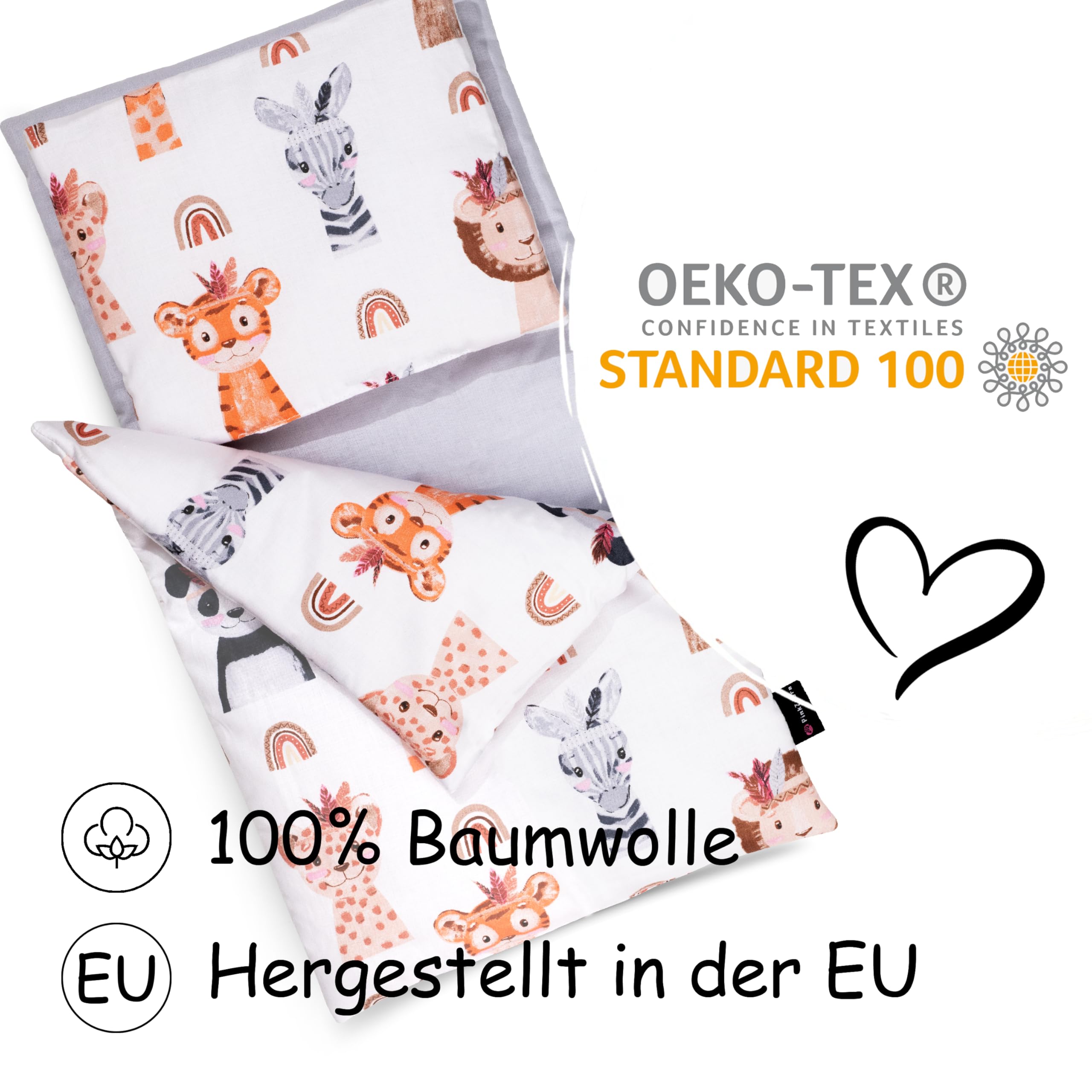 PinkZebra 3-teilig Puppenbettwäsche für Puppen bis 48 cm, Decke + Kissen + Matratze, Puppenbettzeug mit Matratze, Bettwäsche aus Baumwolle für Puppenbett, Tierportraits