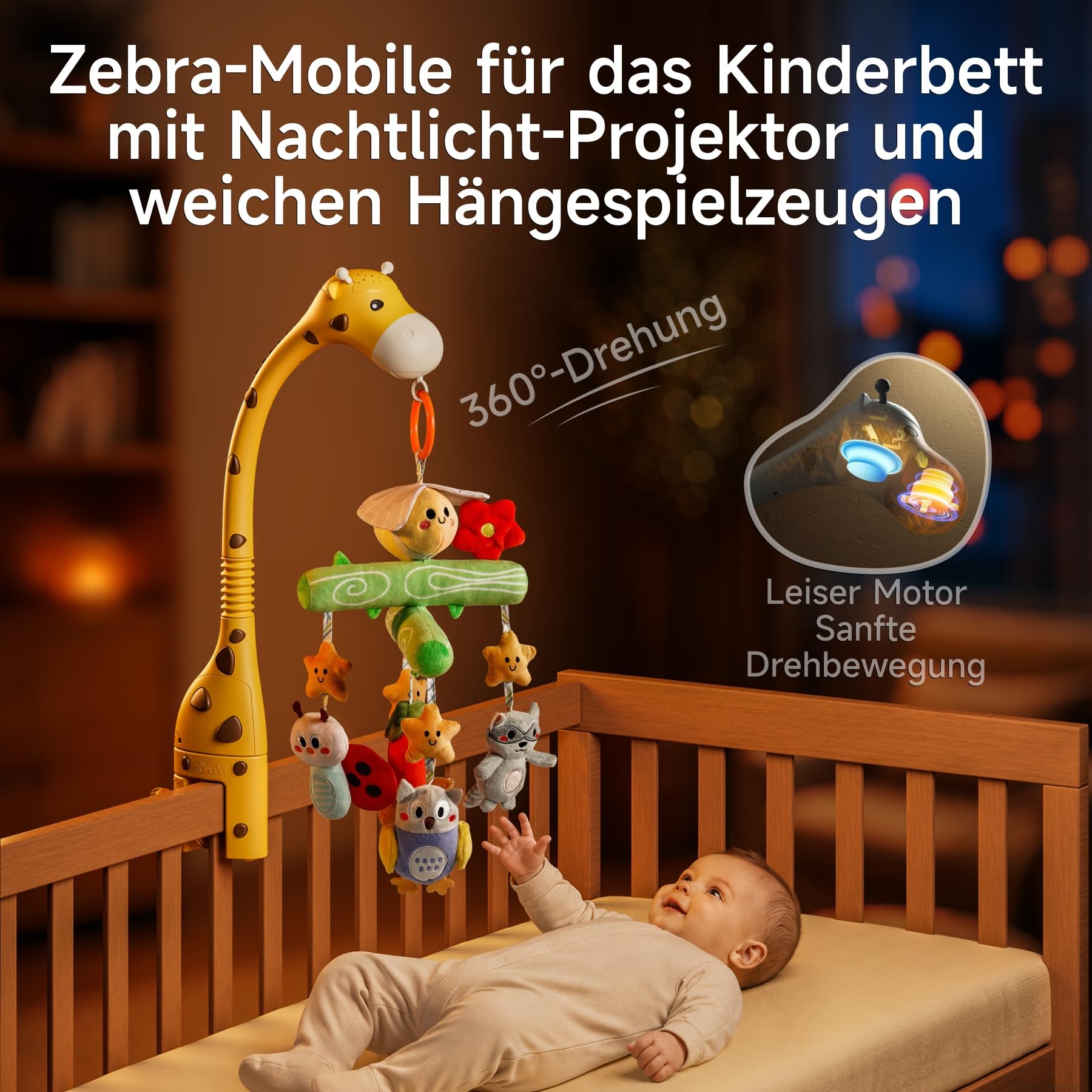 TUMAMA KIDS Baby Mobile für Babybett, Spielzeug Kinderbett mit Licht, Musik | Baby Schlafprojektor, 3 in1 Giraffe Bettspielzeug mit hängendem Bienen Plüschtier, Musik Spieluhr Mobile Kinder Geschenk