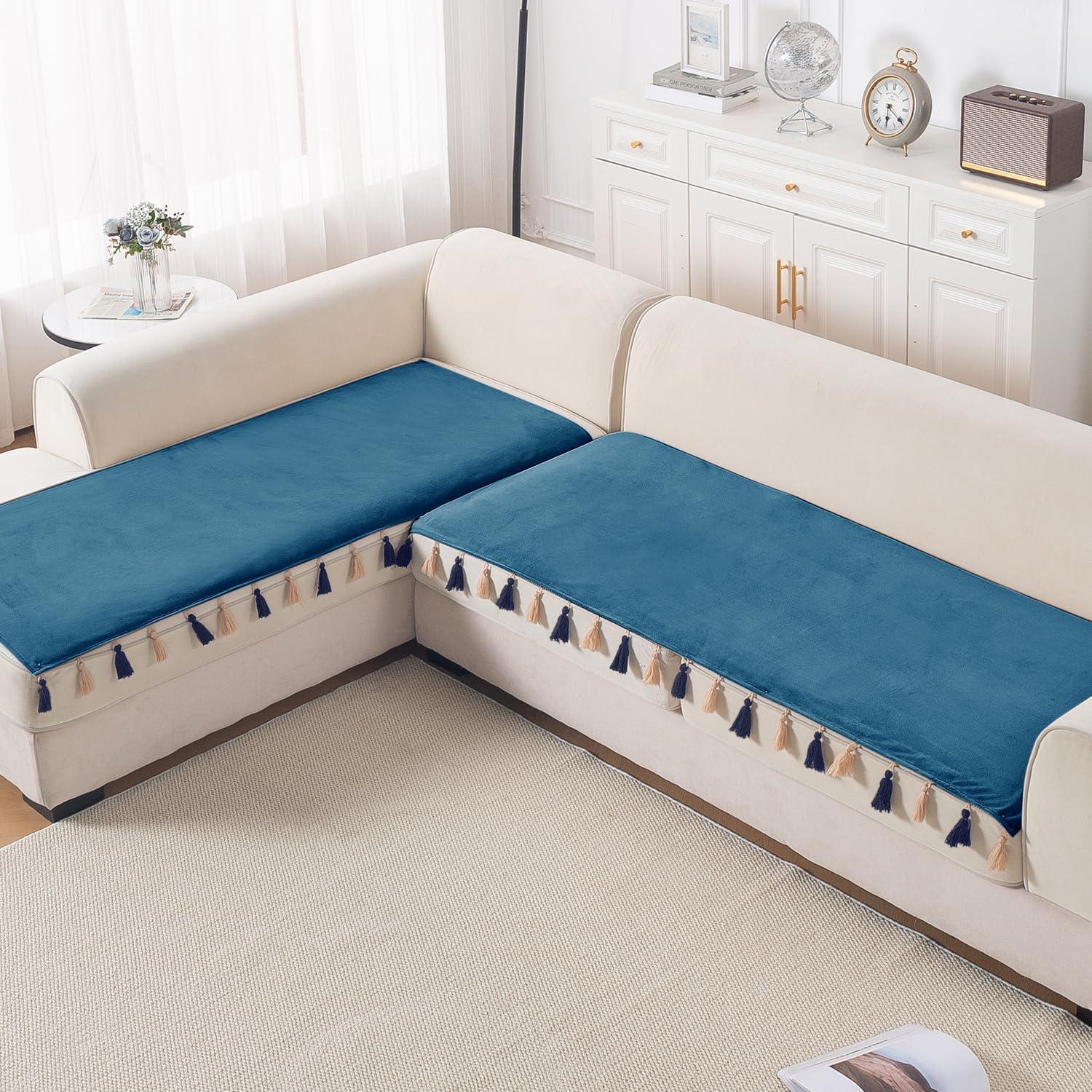 HOKIPO Premium Holland Velvet L Shape (2+2 Seater) Sofa Cover Seat Mat with Tassels | 'TasselTone Series'| Sea Blue (IN-1106+1107-BL)-image-39