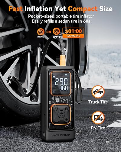 Miniatura 2 de WOLFBOX Inflador de neumáticos, compresor de aire portátil, bomba de aire inalámbrica de 150 PSI y 12000 mAh para neumáticos de automóvil,