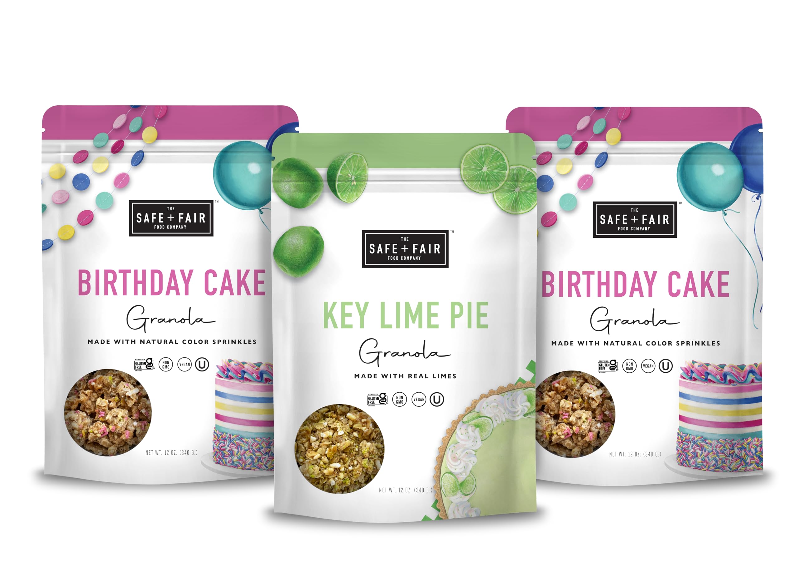 Safe + Fair 3 Pack Granola Bundle - Gluten Free Birthday Cake Granola (12oz - 2pack)+Gluten-Free Key Lime Pie Granola (12oz - 1pack)