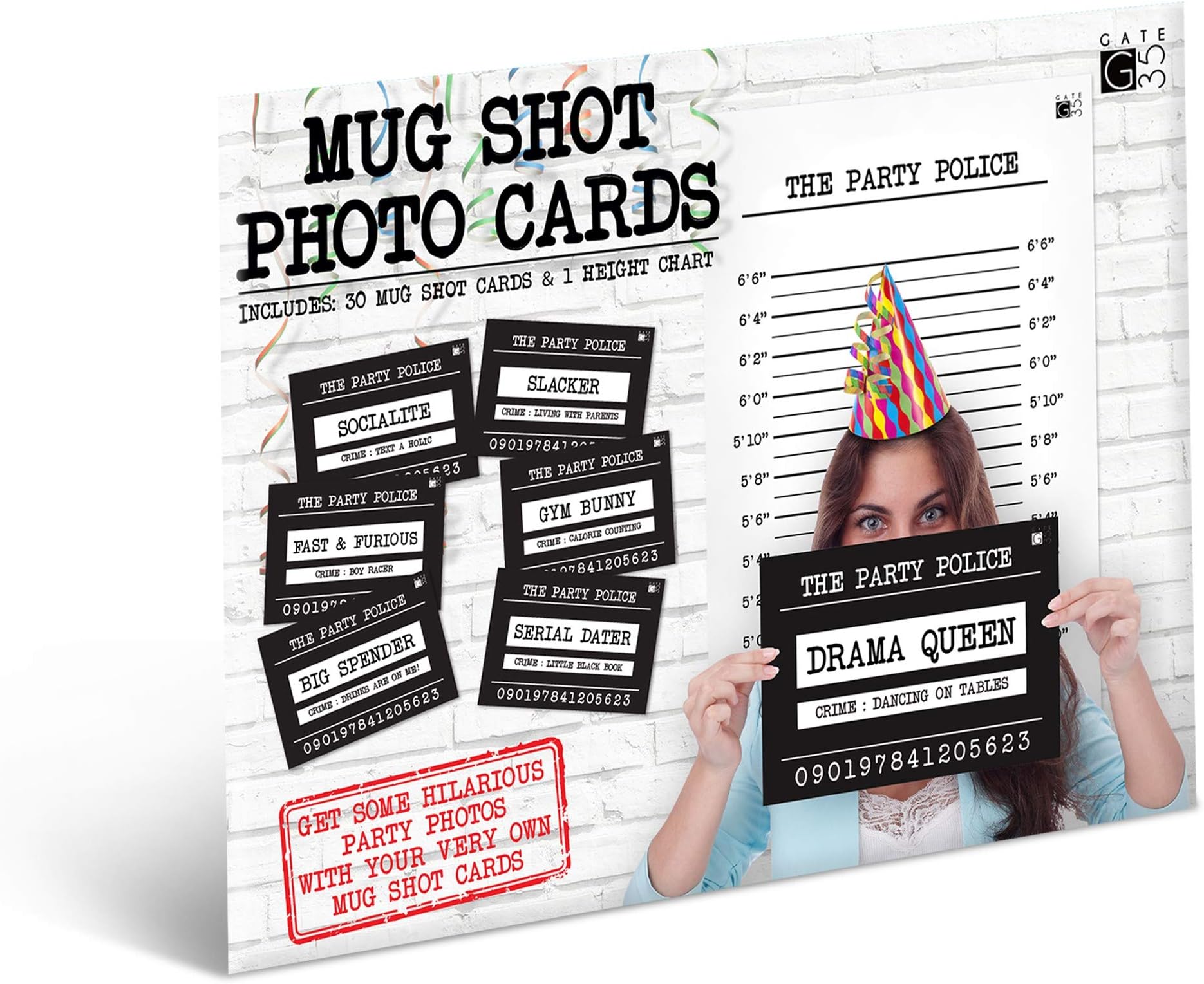Mugshot Photo Booth Set - 30 Funny Birthday Bachelorette Signs - Includes Back Drop