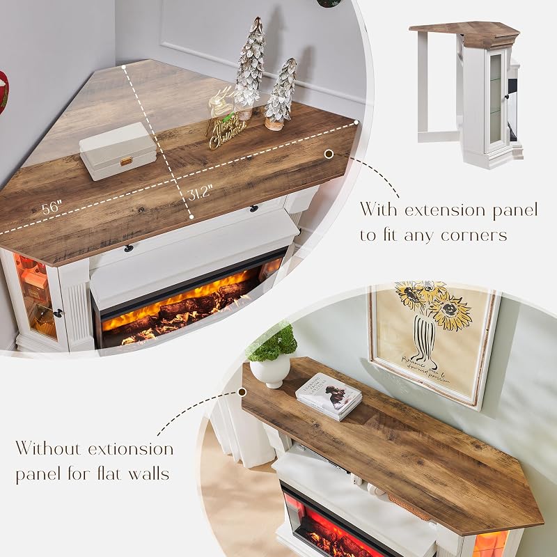 RedLemon 56" Corner Fireplace TV Stand for Up to 65 Inch TV - 30" Electric 3-Sided Fireplace, Farmhouse Entertainment Center for Living Room, Hidden Flip-Top Cubby, Shelves & LED, Antique White image 3