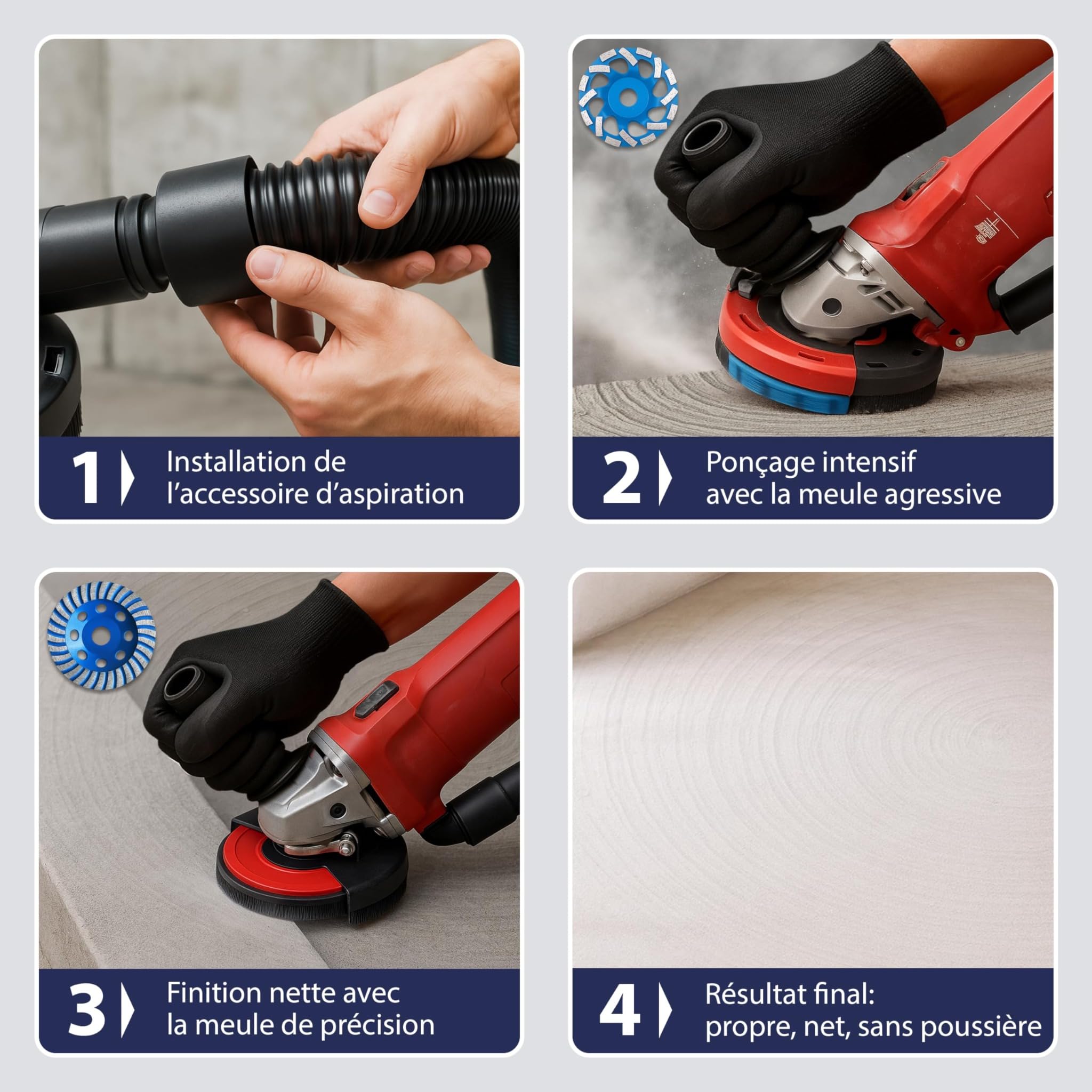 Kit 2 Meules Diamantées 125 mm avec Capot d’Aspiration – Dégrossissage + Finition – Ponçage Béton, Carrelage et Pierre