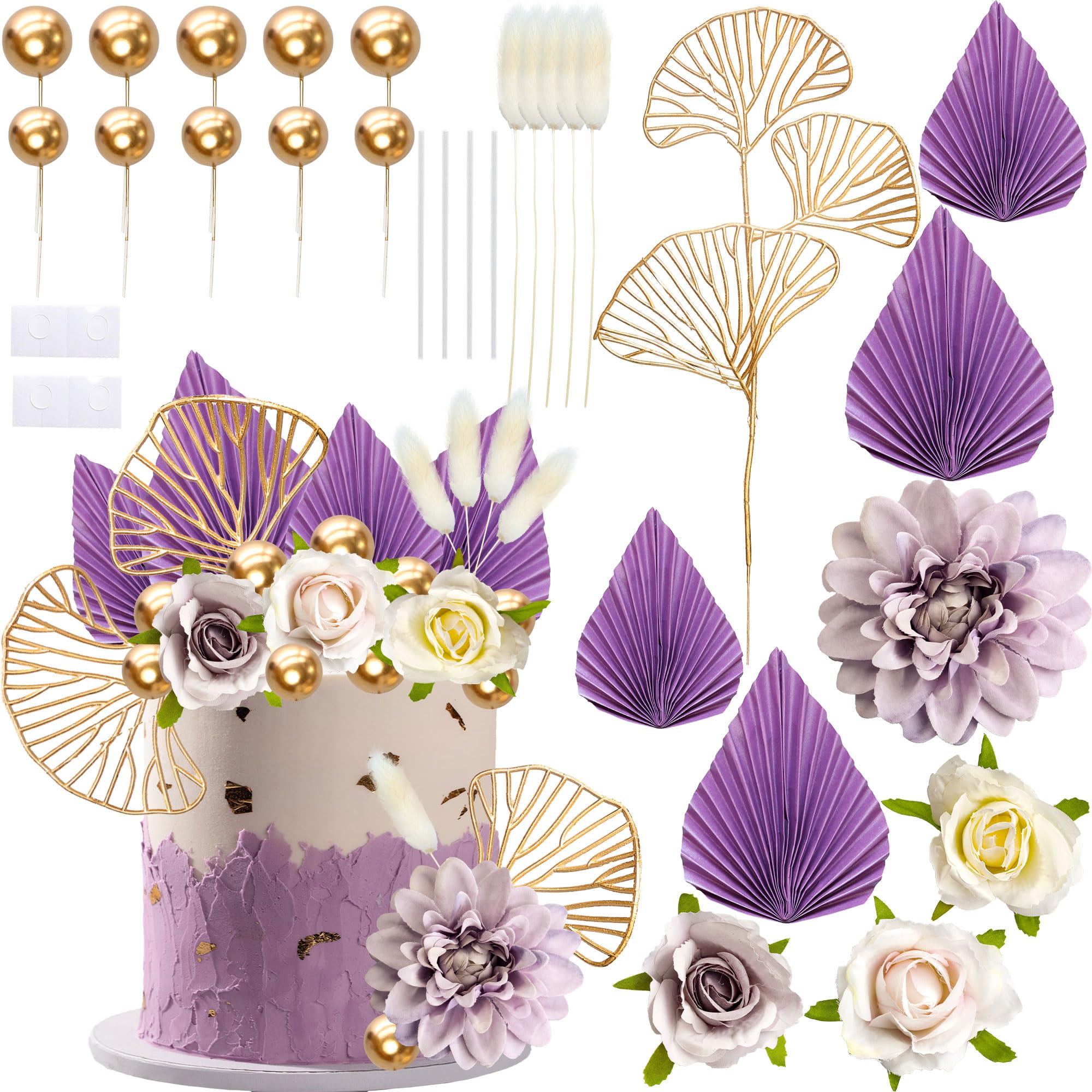 Ephlyn 24 Pack Boho Flower Gold Leaves Cake Topper Foam Ball Cake Decorations for Wedding Baby Shower Birthday Party Supplies Purple