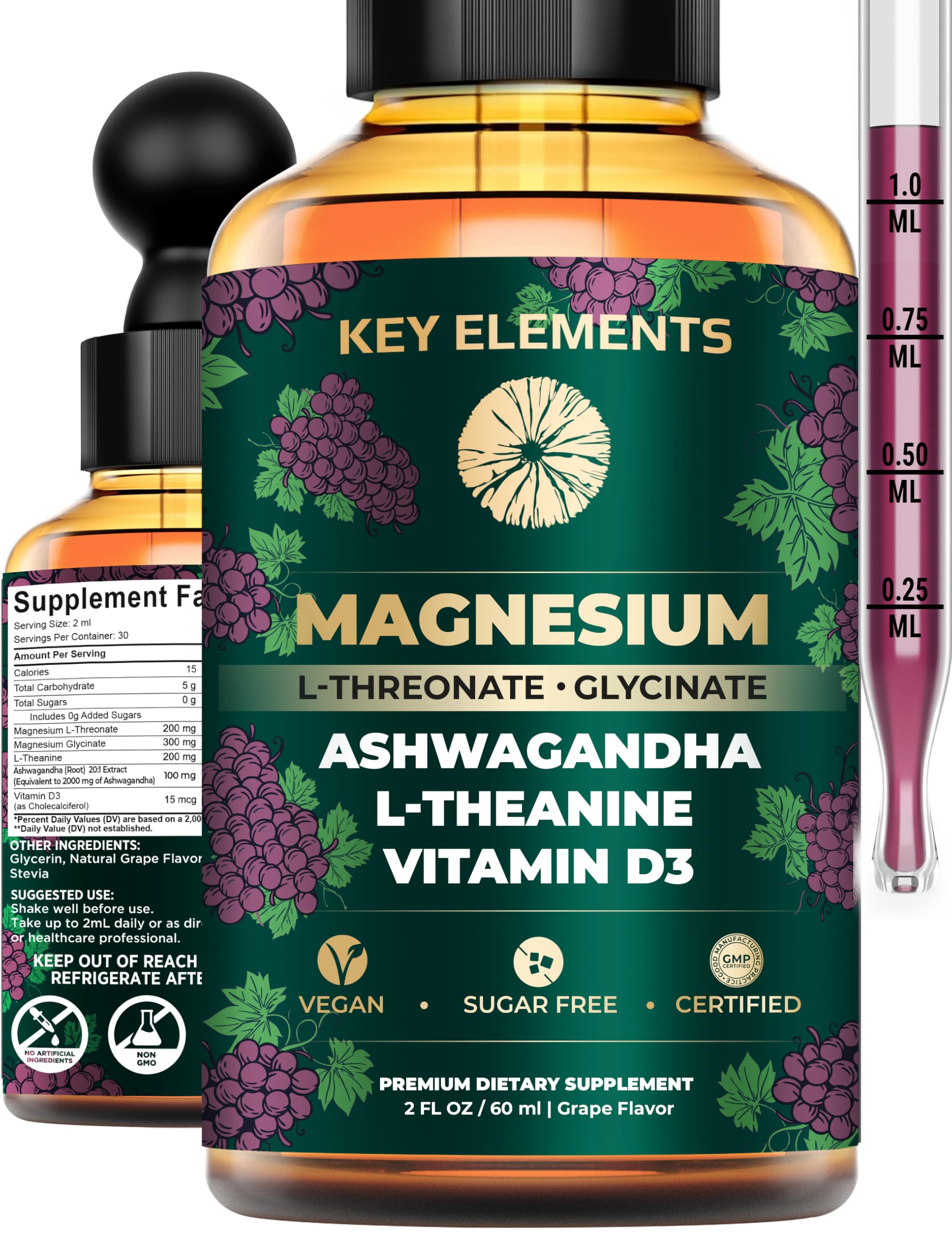 Liquid Magnesium L-Threonate with Magnesium Glycinate for Sleep | Ashwagandha with L Theanine and Vitamin D3 Magnesium Supplement | Ashwagandha and Magnesium with L-Theanine
