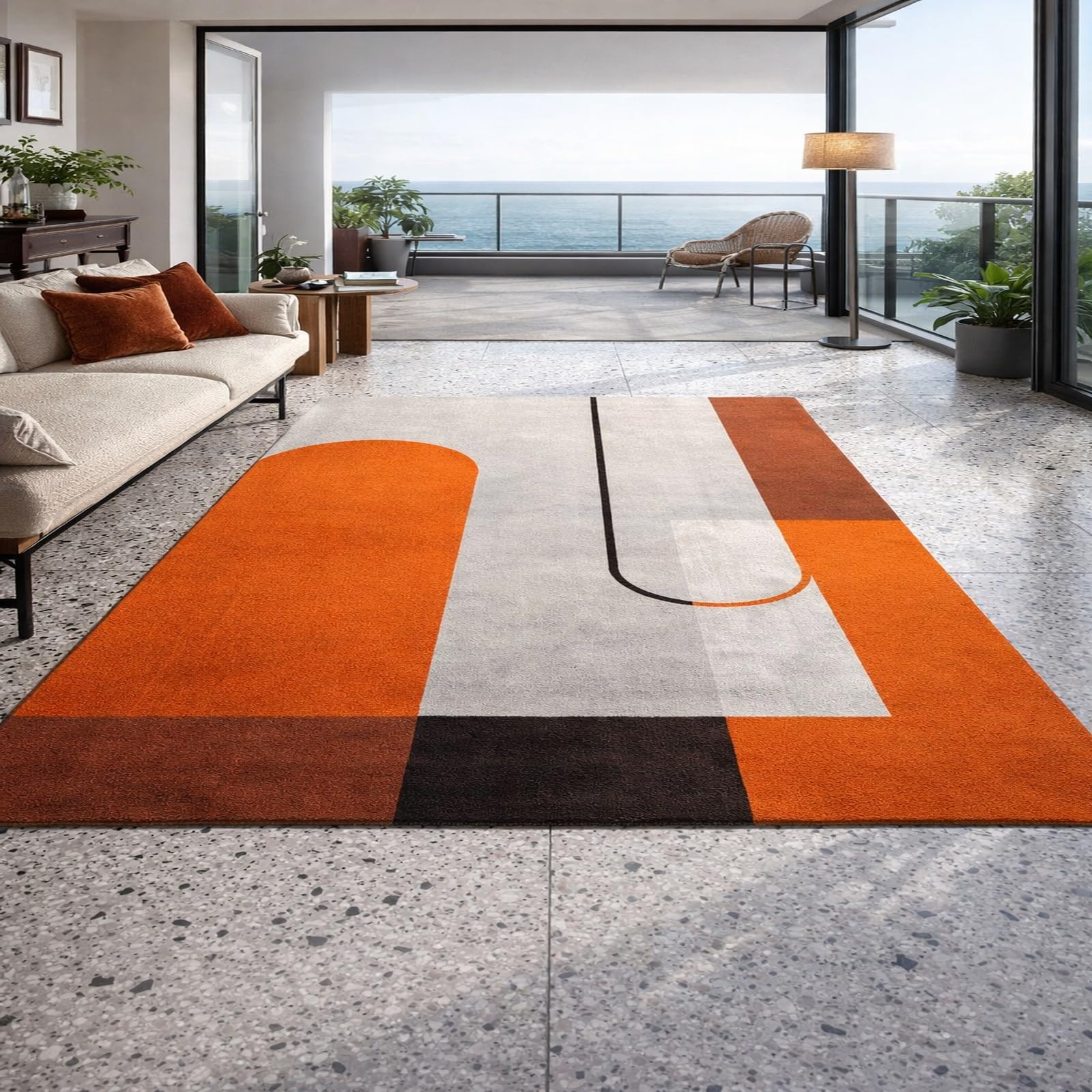 Tapis moderne géométrique orange et blanc 120x185 cm aux finitions soignées
