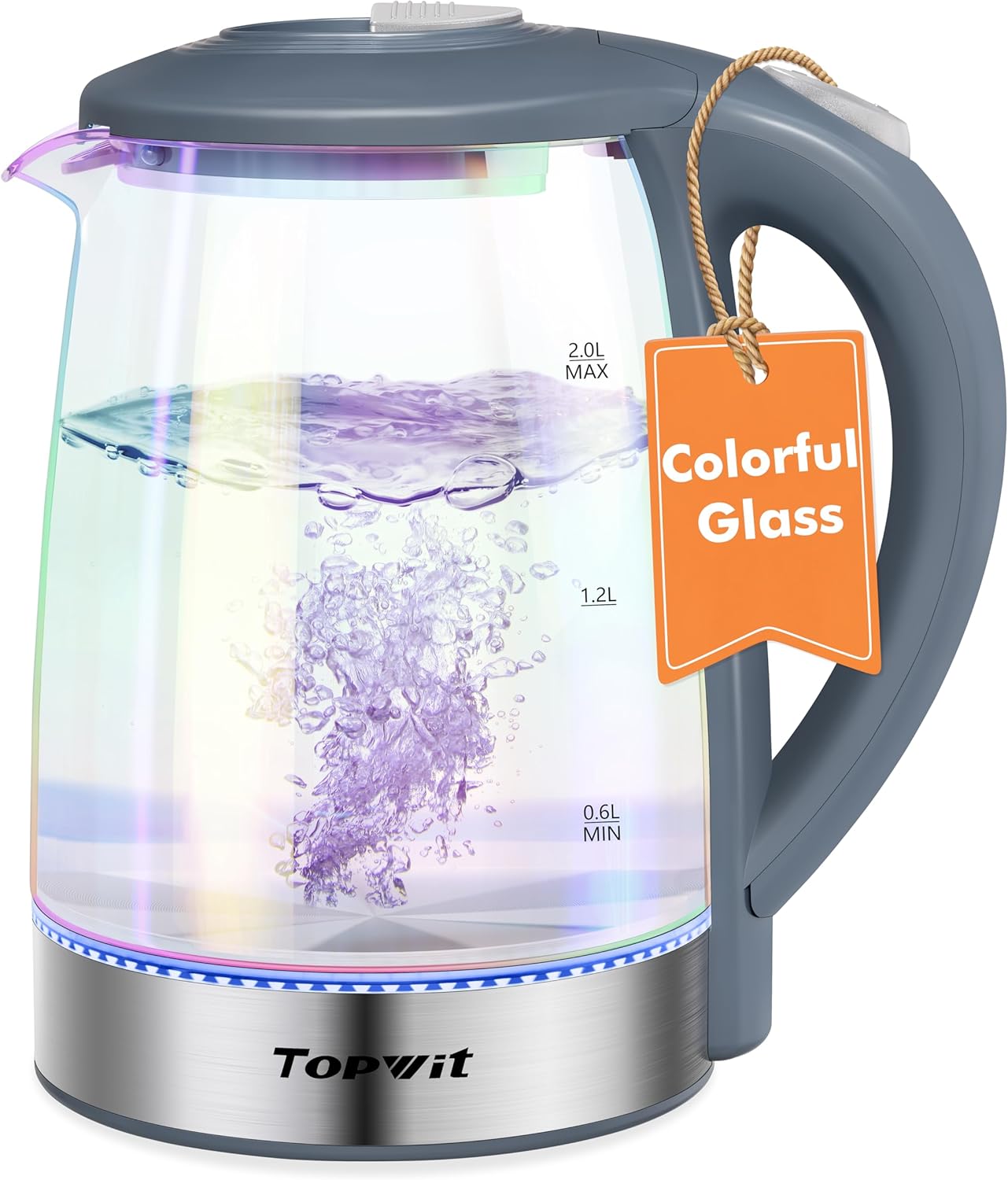 TOPWIT Electric Kettle, Colorful Glass Tea Kettle, 2.0L Hot Water Kettle Electric, BPA-Free Stainless Steel Lid & Bottom, Electric Kettles for Boiling Water, Auto Shut-Off & Boil Dry Protection, Grey (2.1 Quarts B(Grey)) Thumbnail