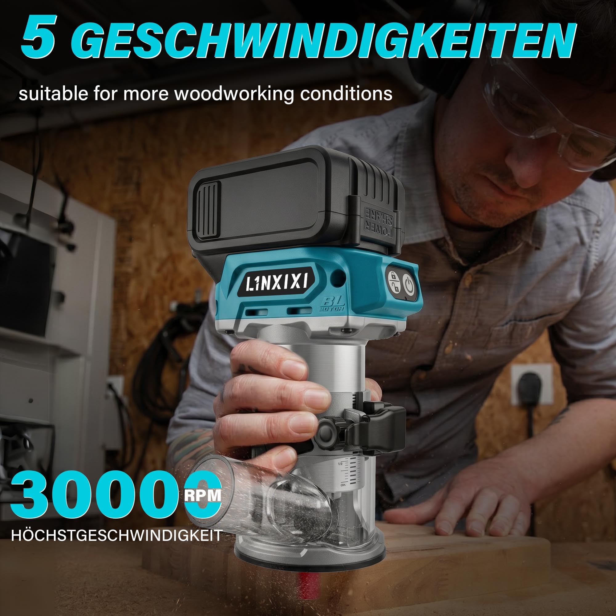 Akku Oberfräse für Makita 18V LXT Akku, 800W Bürstenloser Oberfräse mit 5 Geschwindigkeiten, MAX.30000 U/min, Akku Kantenfräse Einhandfräse mit 1/4" Fräser (ohne Akku)