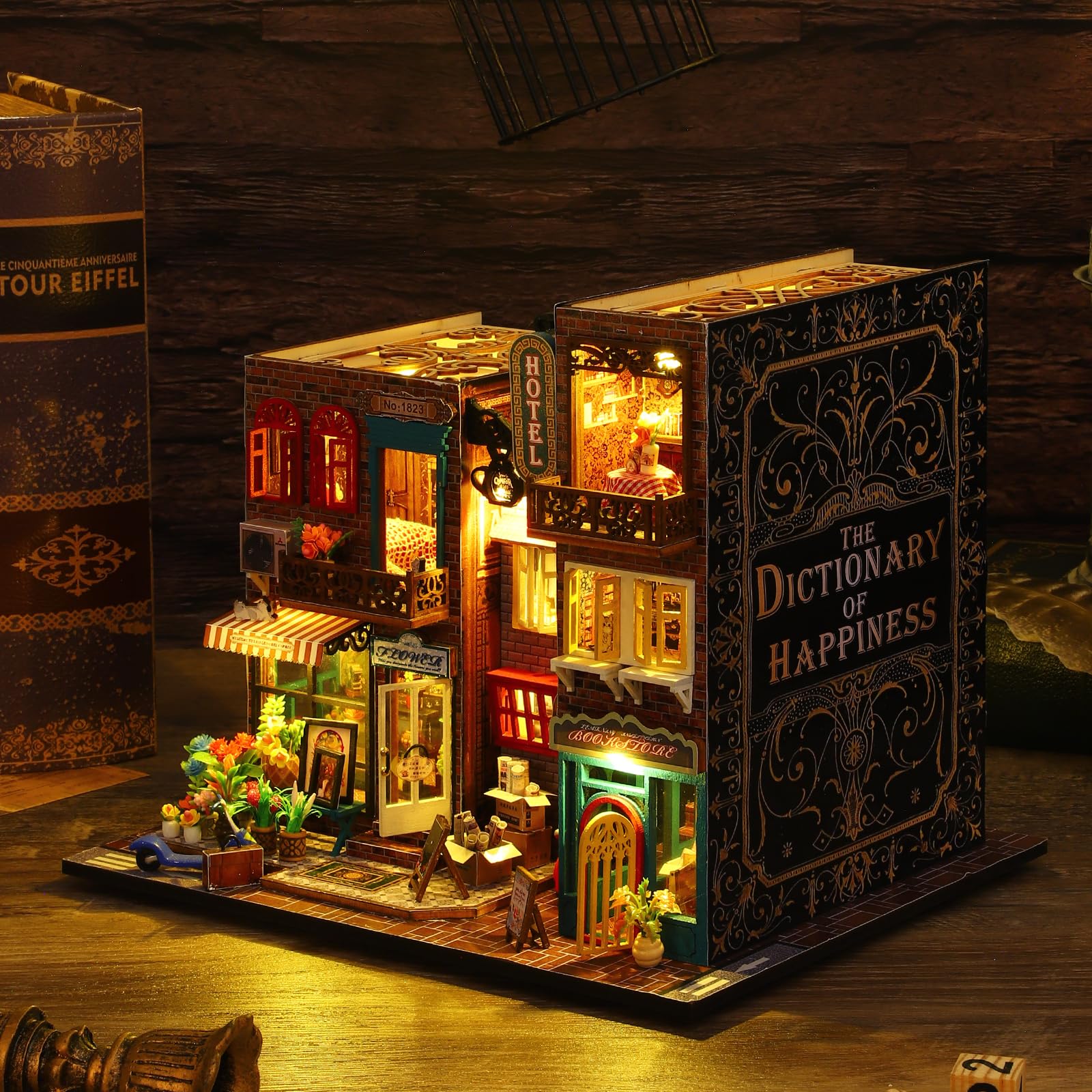 Scarborough miniaturowy domek do budowania, mały drewniany model 3D, mini domek dla lalek, regał na książki, dekoracja z pyłoszczelną pokrywą i pozytywką, kreatywny projekt rzemieślniczy dla