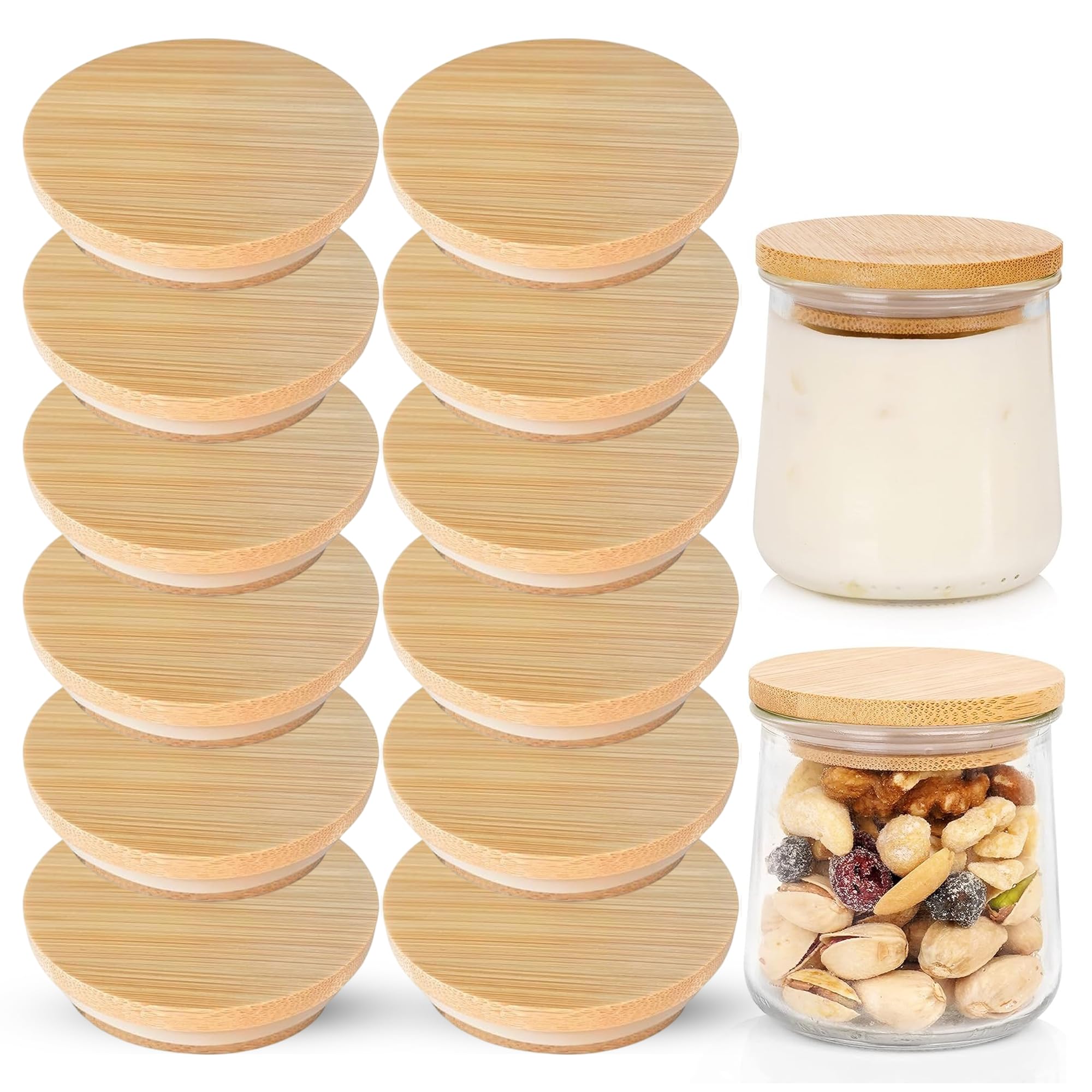 Storeazy 12 Pack Bamboo Lids for Gü Pots with Silicone Seal - Reusable Airtight Wooden Jar Covers for Glass Dessert Storage Jars Food Preservation Kitchen Organisation