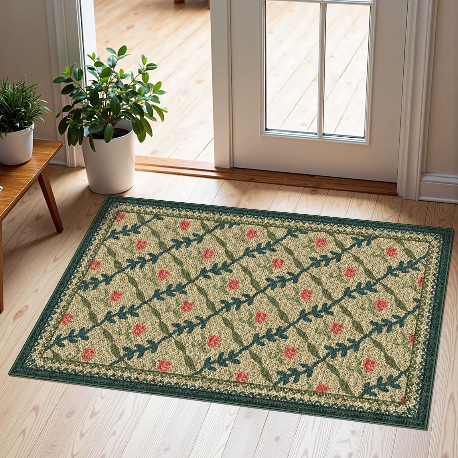 Othilic Front Door Mat Outside Entrance, 2x3 Green Brown Floral Trellis Rug — image 1
