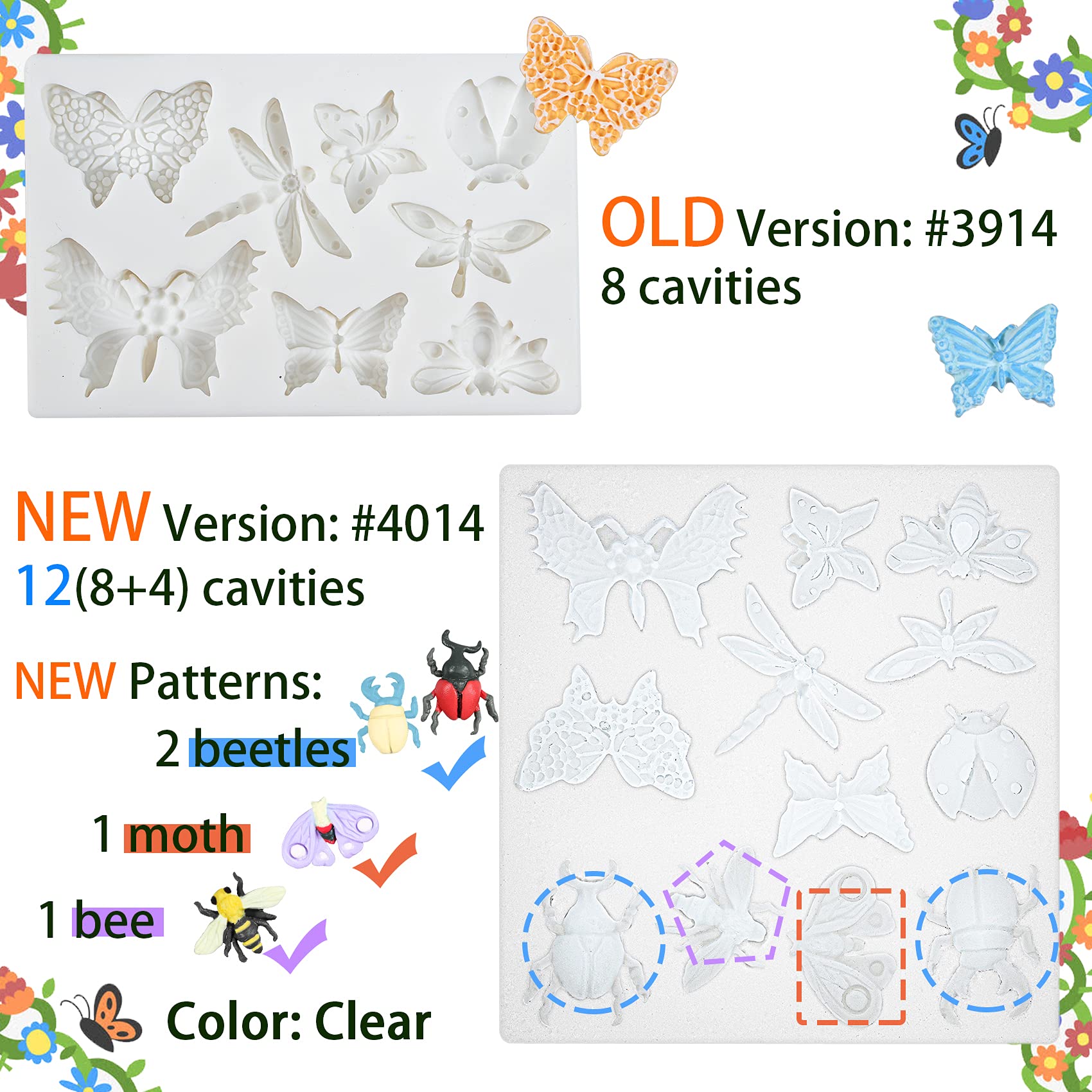 Musykrafties Insects Silicone Mould, Include Butterflies Dragonflies Bee Ladybug for Fondant Cake Decoration Cupcake Topper - Image 3
