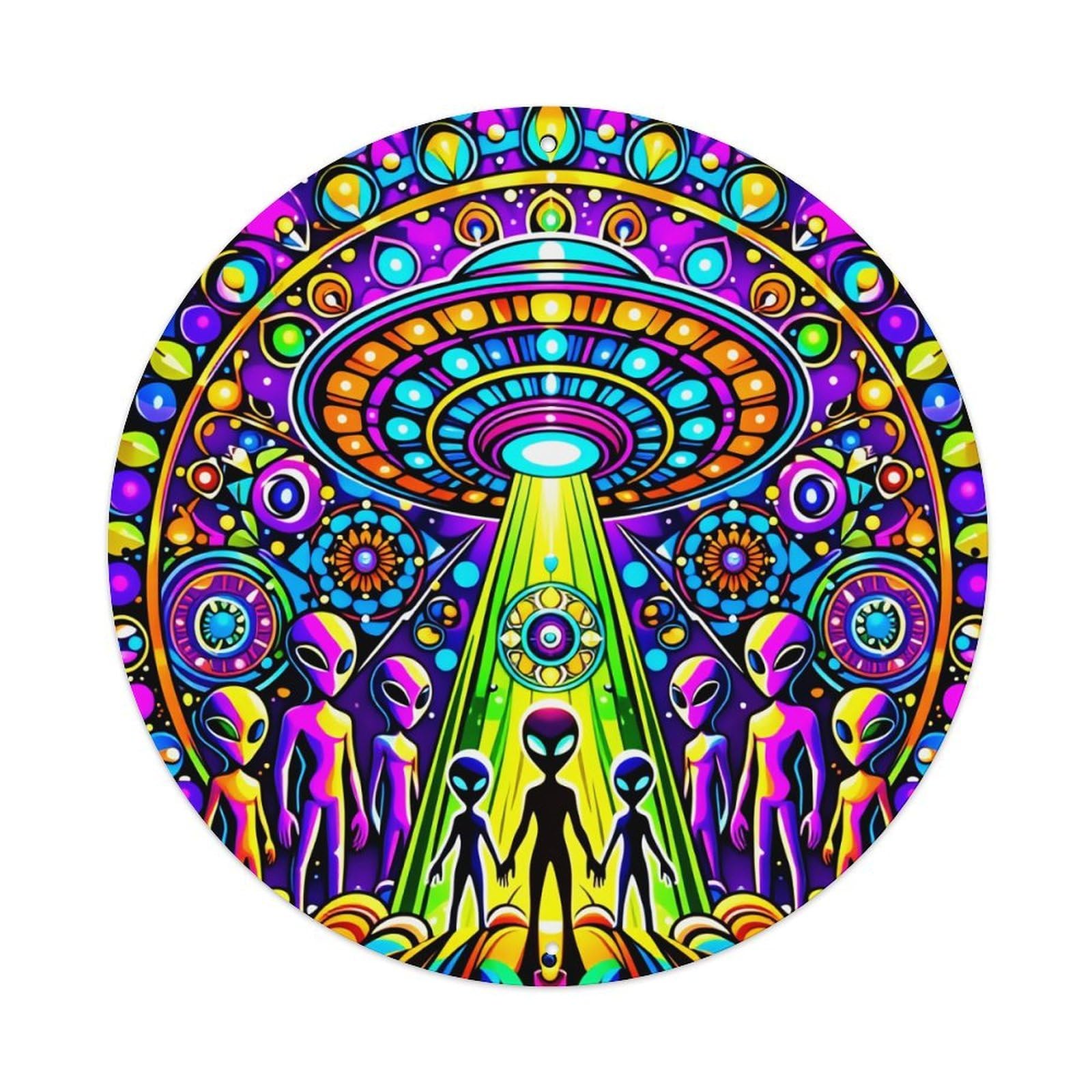 Alien Ufo Beam Pattern Art Round Tin Sign Vintage Metal Poster, Home Bar Garage Man Cave Cafe Indoor & Outdoor Wall Decoration 8x8Inches