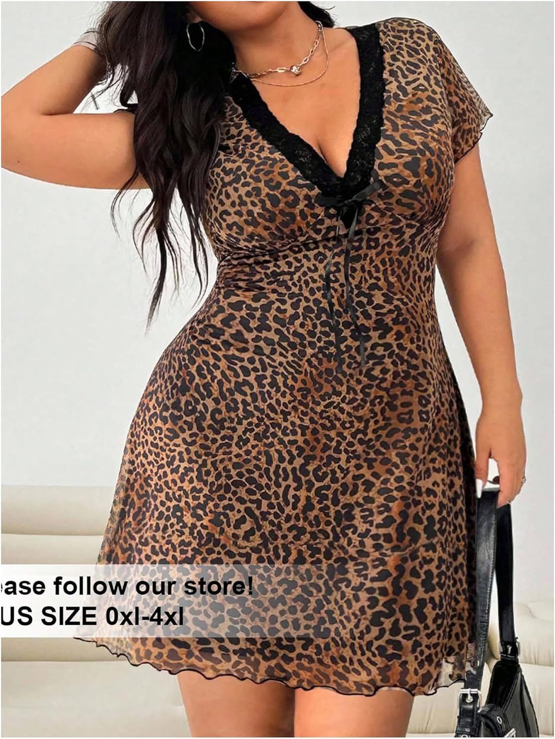 Verdusa Women's Plus Size Leopard Print Country Mini Dress Vintage Lace A Line Date Night Dresses Going Out Dress - Image 4