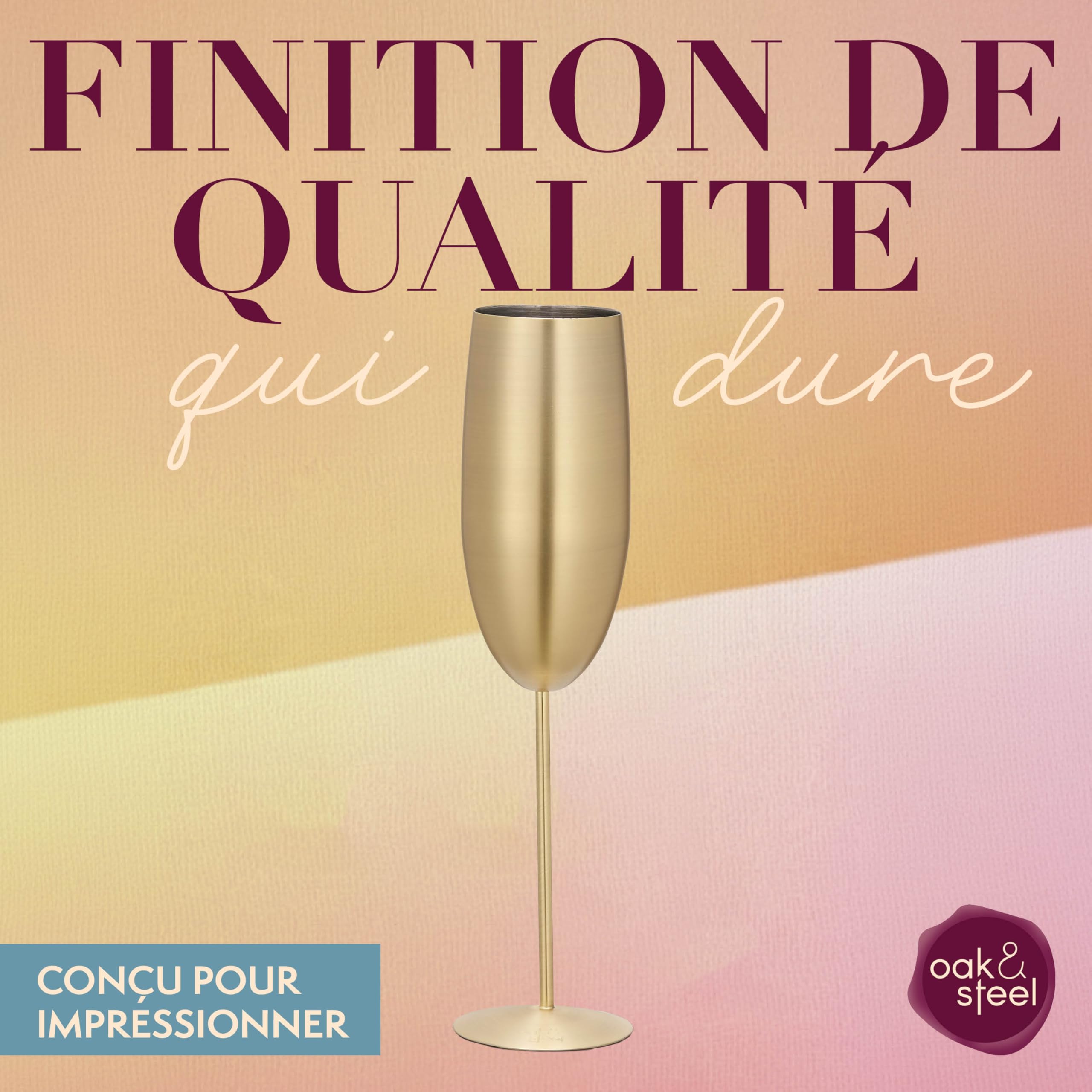 Oak & Steel - 4 Flûtes À Champagne En Acier Inoxydable Avec Boîte Cadeau, Or Mat - 284 Ml