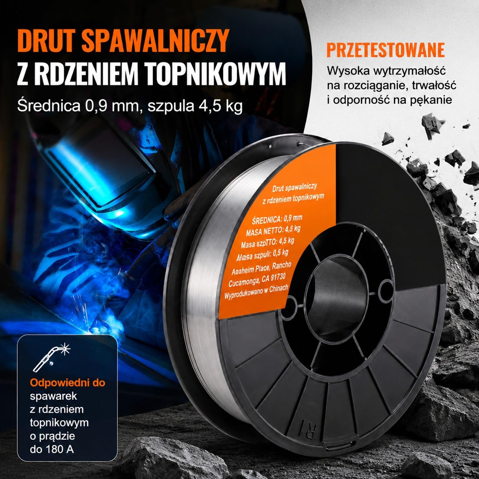 Drut proszkowy MIG, 1 rolka, 0,9 mm, 4,5 kg, szpula 200 mm do spawania MAG