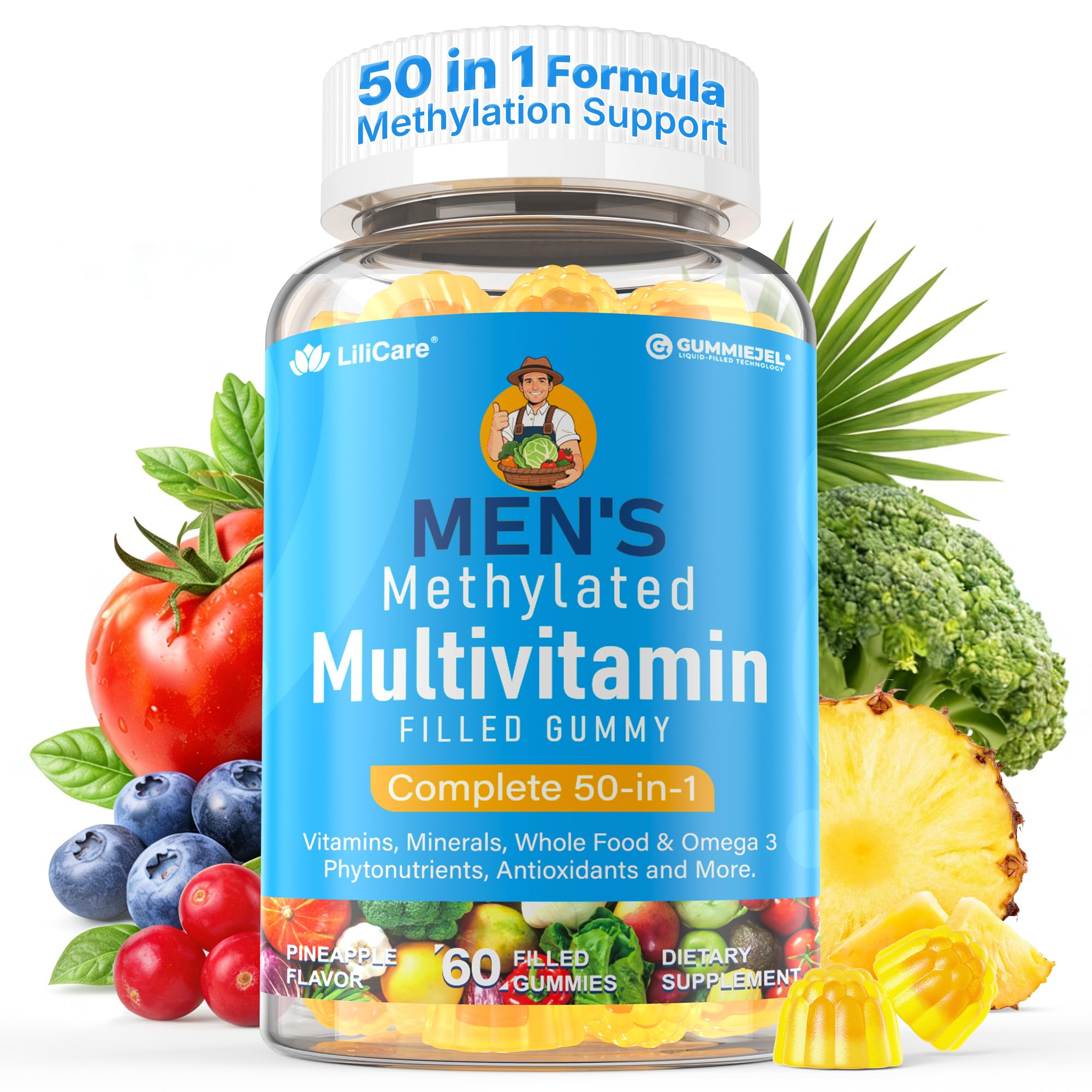 Methylated Multivitamin for Men Gummies + Omega-3, Supergreens & Lycopene | Methylfolate, B12, D3 K2, Vitamin A, C, E, B Complex for Methylation, Nutrition Gaps, Focus, Energy, Vegan, Sugar Free, 60 Ct