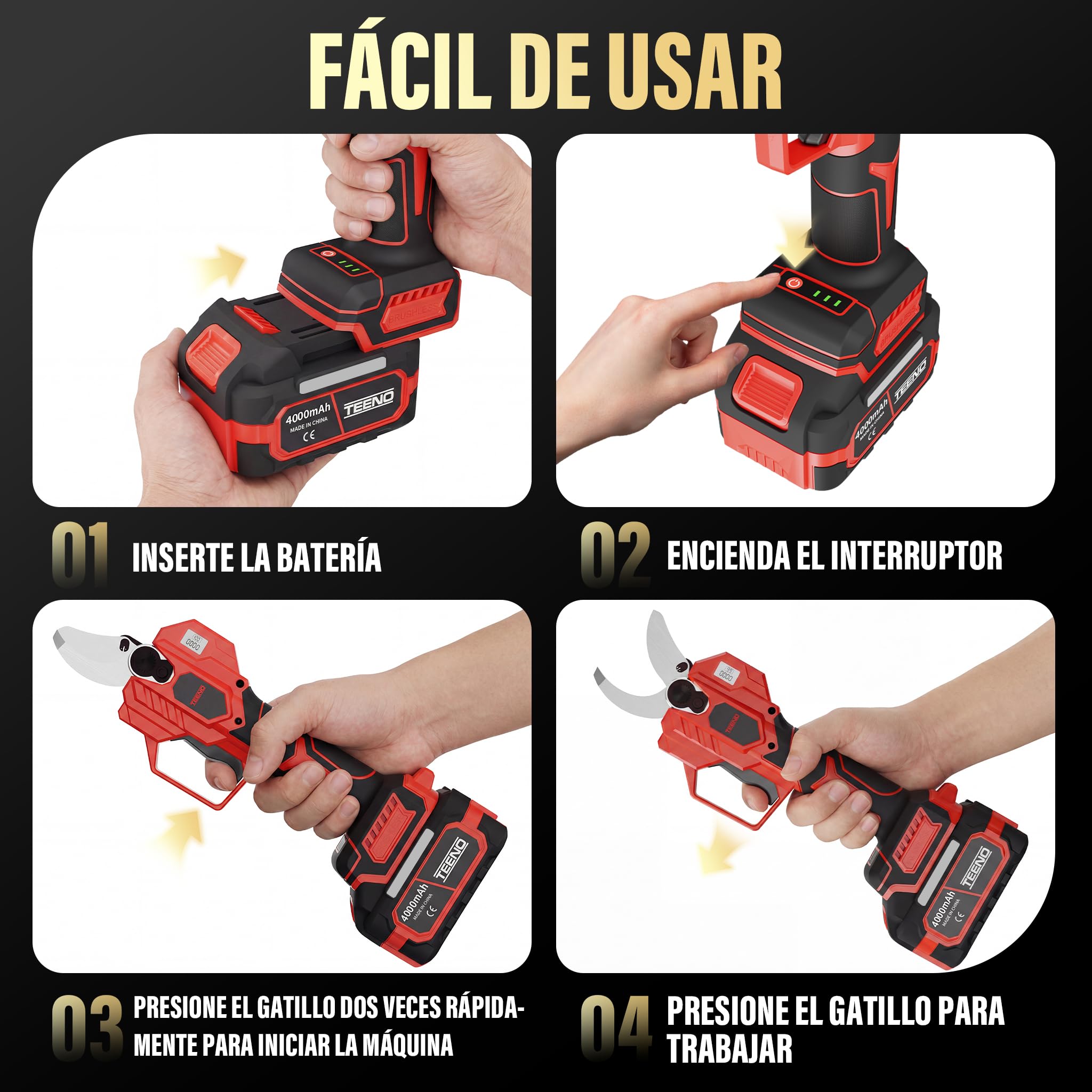 TEENO Tijeras de Podar Eléctricas, con Baterías 8000 mAh, Tijeras de Poda de 50mm Tijeras de Motor Brushless para Jardinería, Cable de extensión 1,05 m,Árboles Frutales, Viñedos