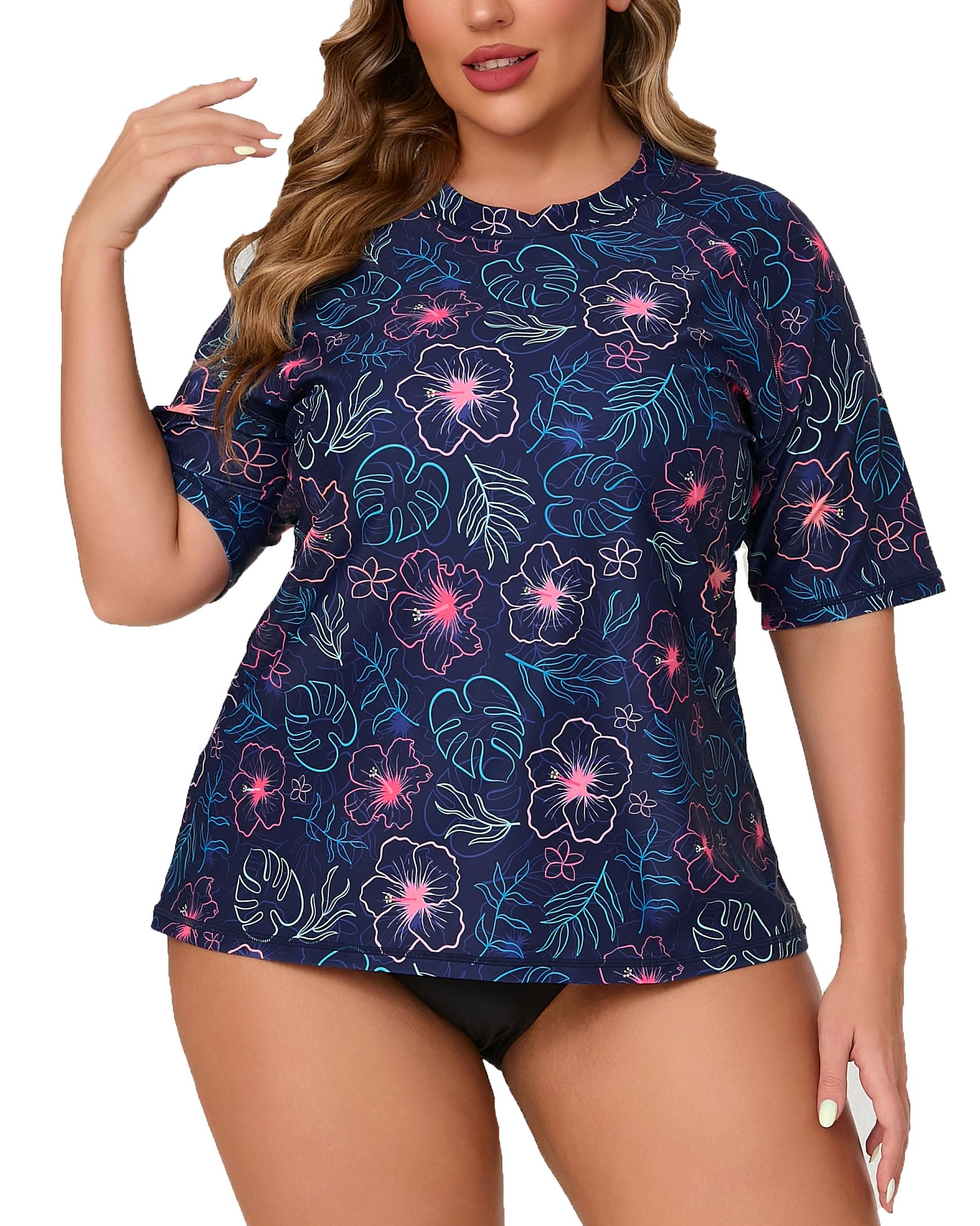 Halcurt Women's Plus Size Rash Guard Swim Shirt Bathing Suit Built in Bra