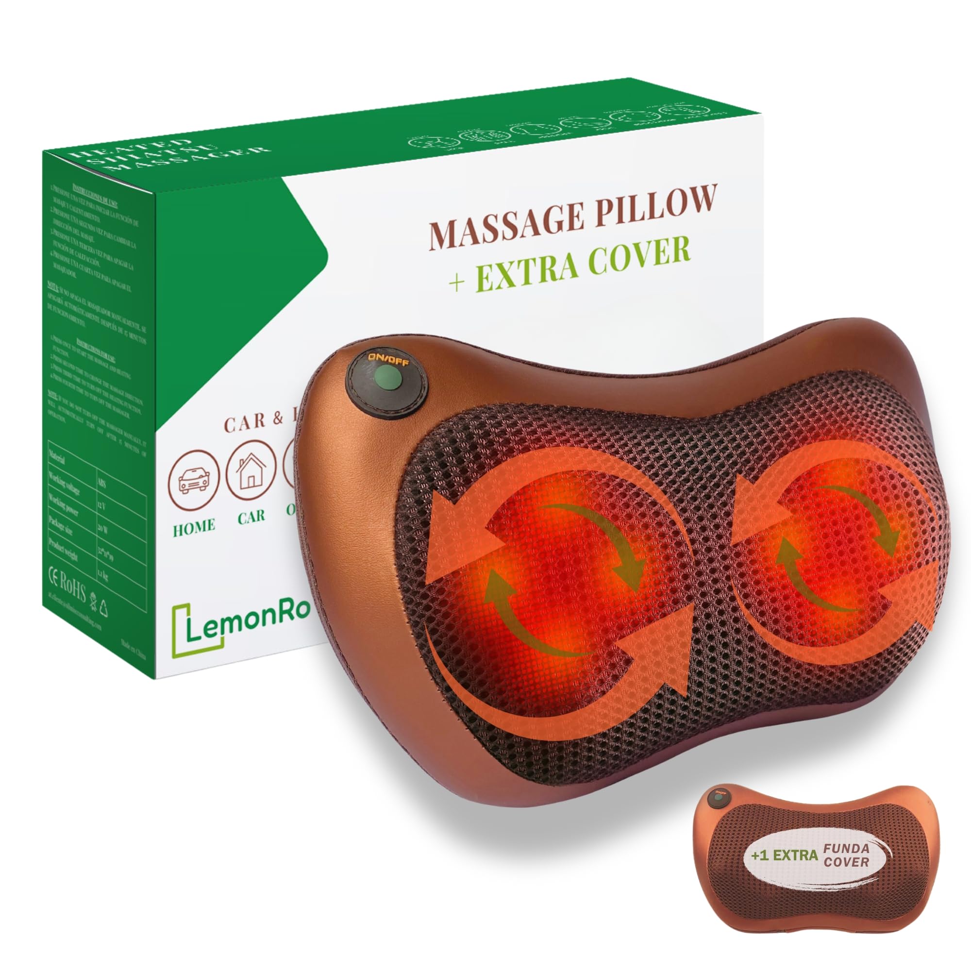 Masajeador Cervical y Espalda. Cojín Eléctrico con Calor y una Funda Extra (Marrón) - Almohada Cervicales y Cuello, Masaje Shiatsu Bidireccional con 8 Rodillos, Ideal para Casa, Oficina, Coche o Viaje