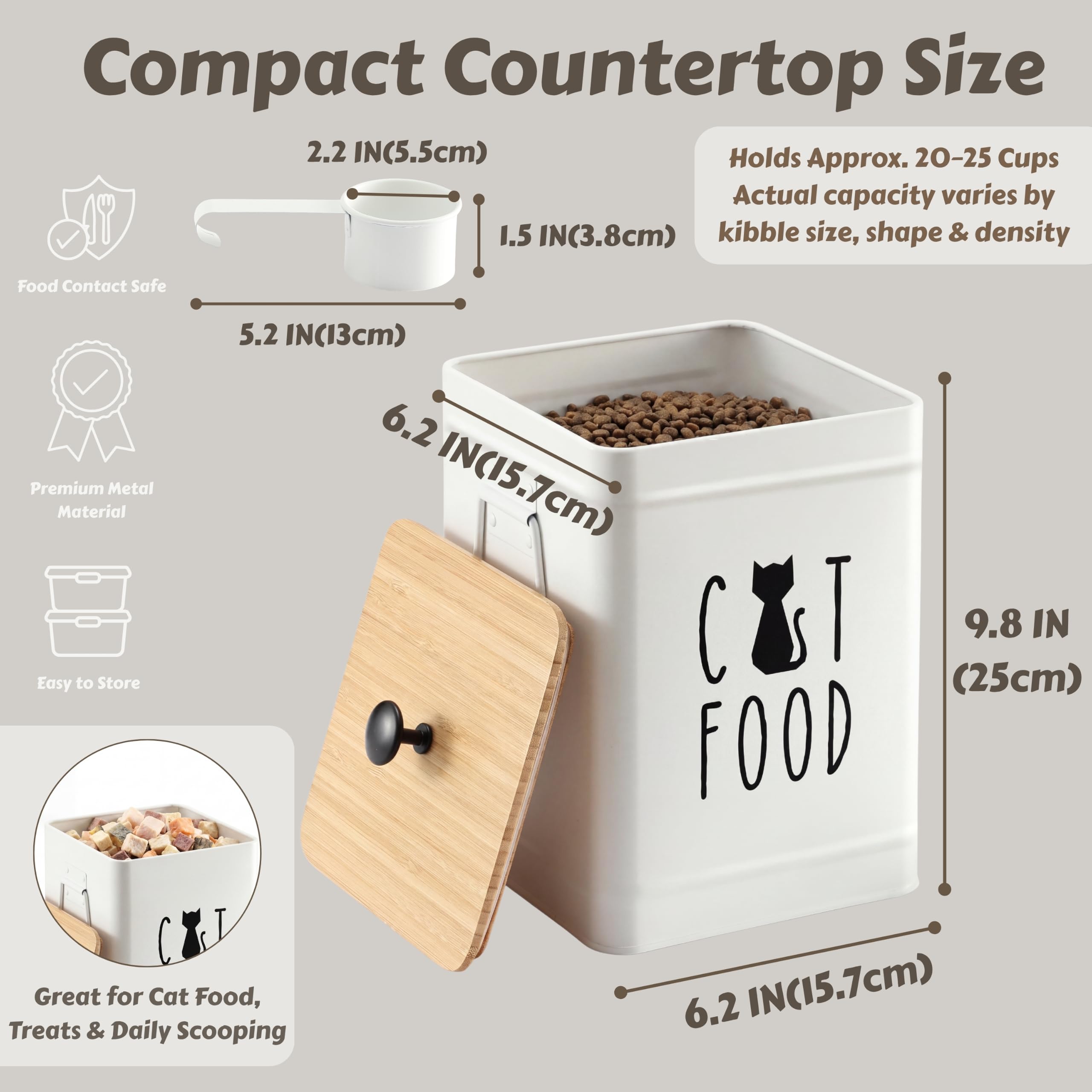 PERFNIQUE Récipient hermétique pour nourriture pour chat avec couvercle en bambou, 25 tasses, pour comptoir de cuisine, pots à friandises pour animaux domestiques, récipient alimentaire (blanc, avec