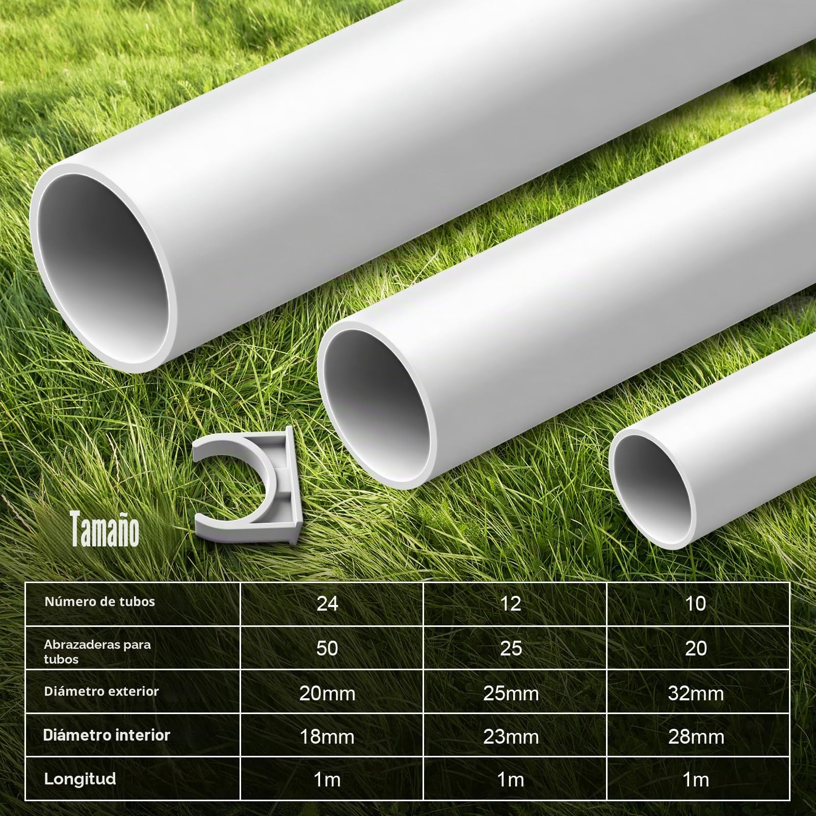 Tubo de instalación M32, 10 m, rígido, PVC, para cable eléctrico, ignífugo, con 20 abrazaderas de cable, tubo de 32 mm para instalación en superficie, color blanco