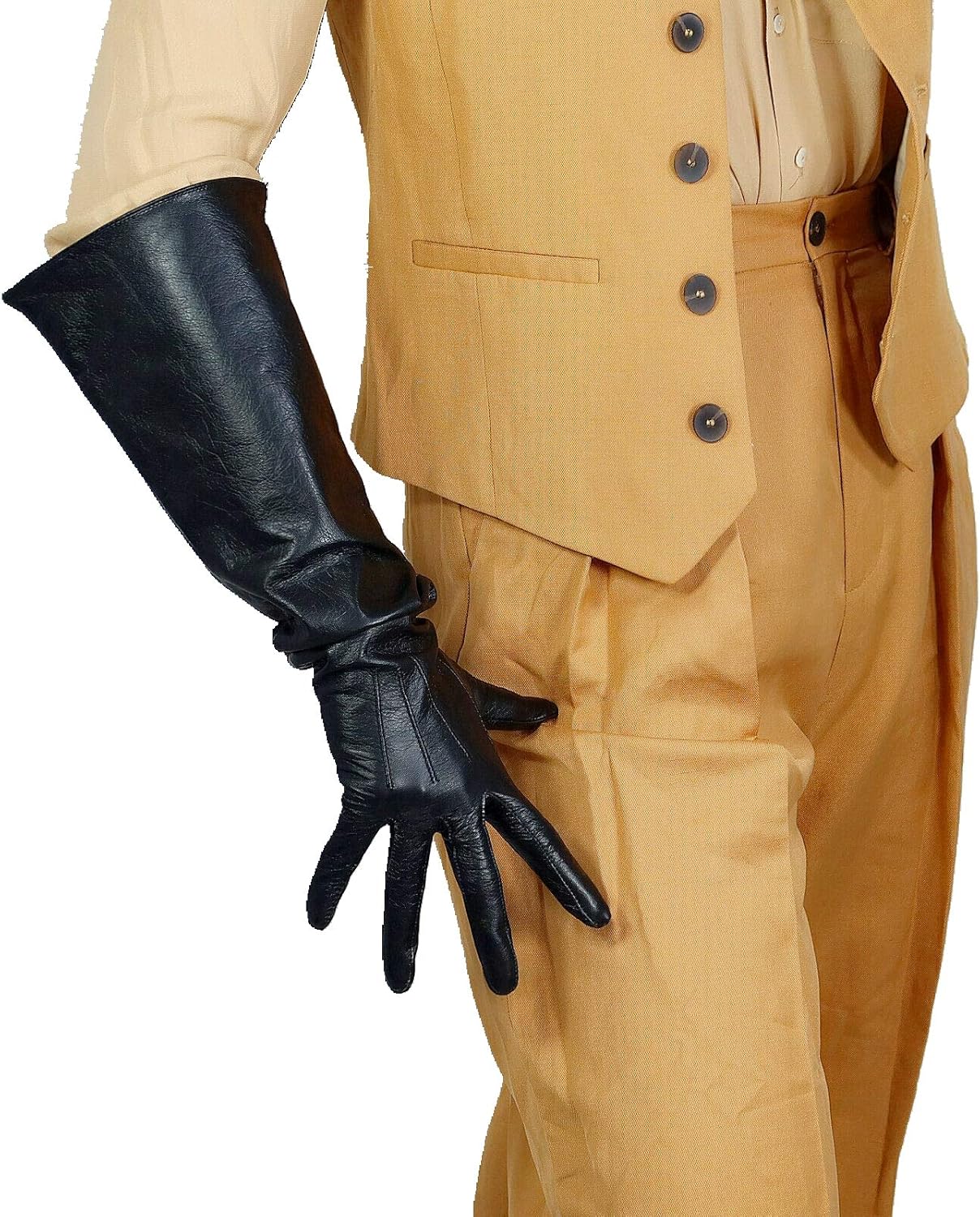 DooWay Women's Long Costume Gloves Genuine Lambskin Leather Wide Sleeves Gauntlet Cosplay Dress Club Party Real Leather Black Tech 20" 50cm
