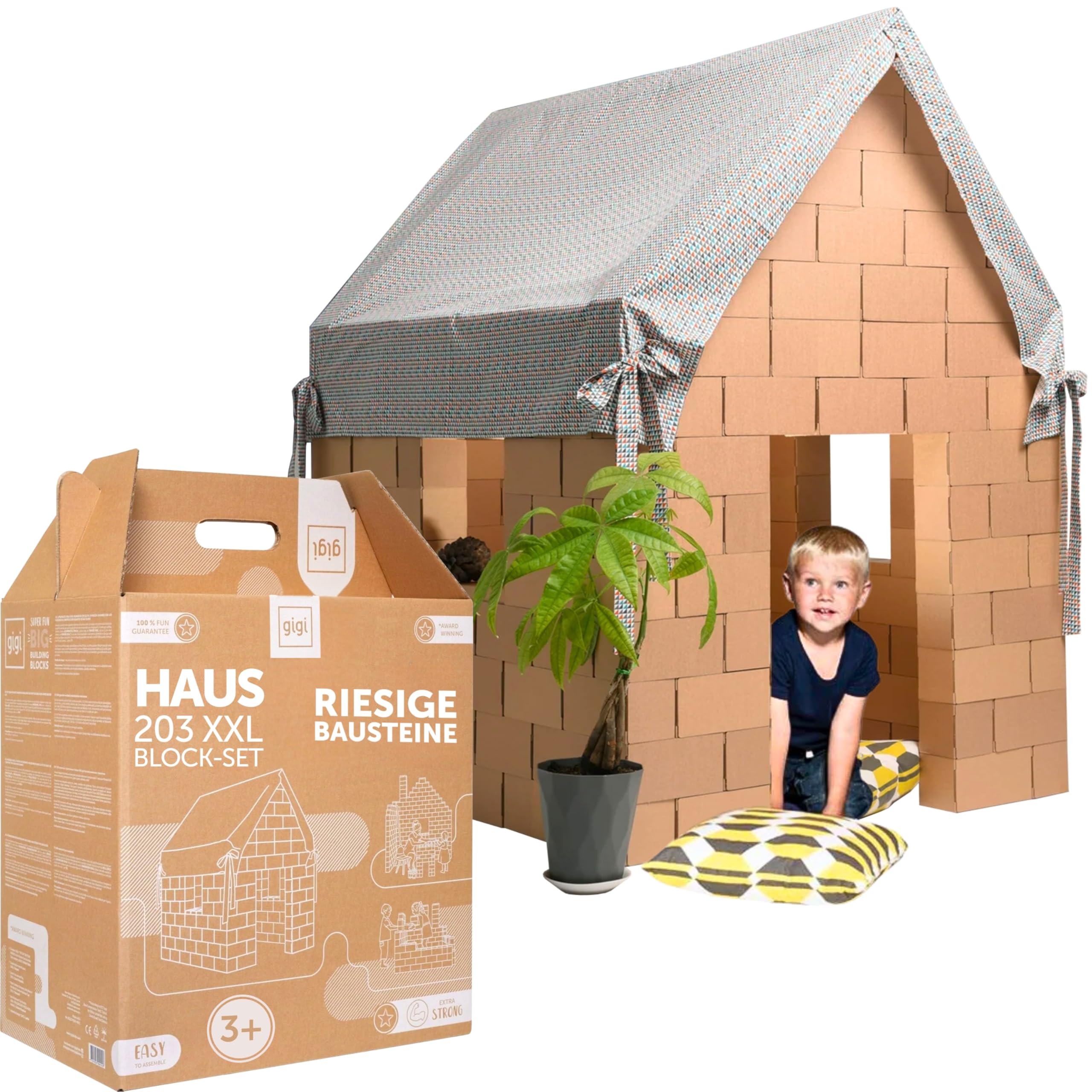 Gigi Bloks Spielhaus Kinder Indoor | Baukit mit 203 XXL Bausteine zum Erstellen von Papphaus für Kinder | Robustes Kinderbett Haus Konstruktionsspielzeug & Einfach zu Montierende Spielzelt