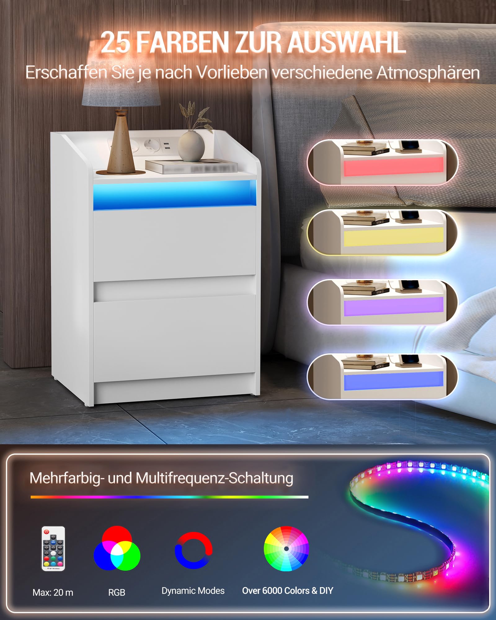 Hzuaneri Nachttische 2er Set mit LED-Lichtern, Ladestation und 2 Schubladen