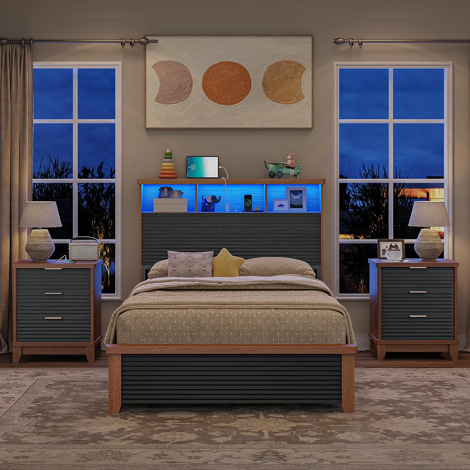 AOGLLATI Fluted Night Stand Set of 2 with Charging Station and 3 Drawers, Black Nightstands Set of 2, Beside Table with Slanted Louvered Design,Retro End Side Table for Bedroom (2, Black)