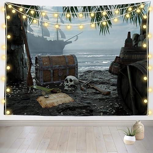 Loccor Pirate Island Tapestry Beach Treasure Chest and Map Tapestry