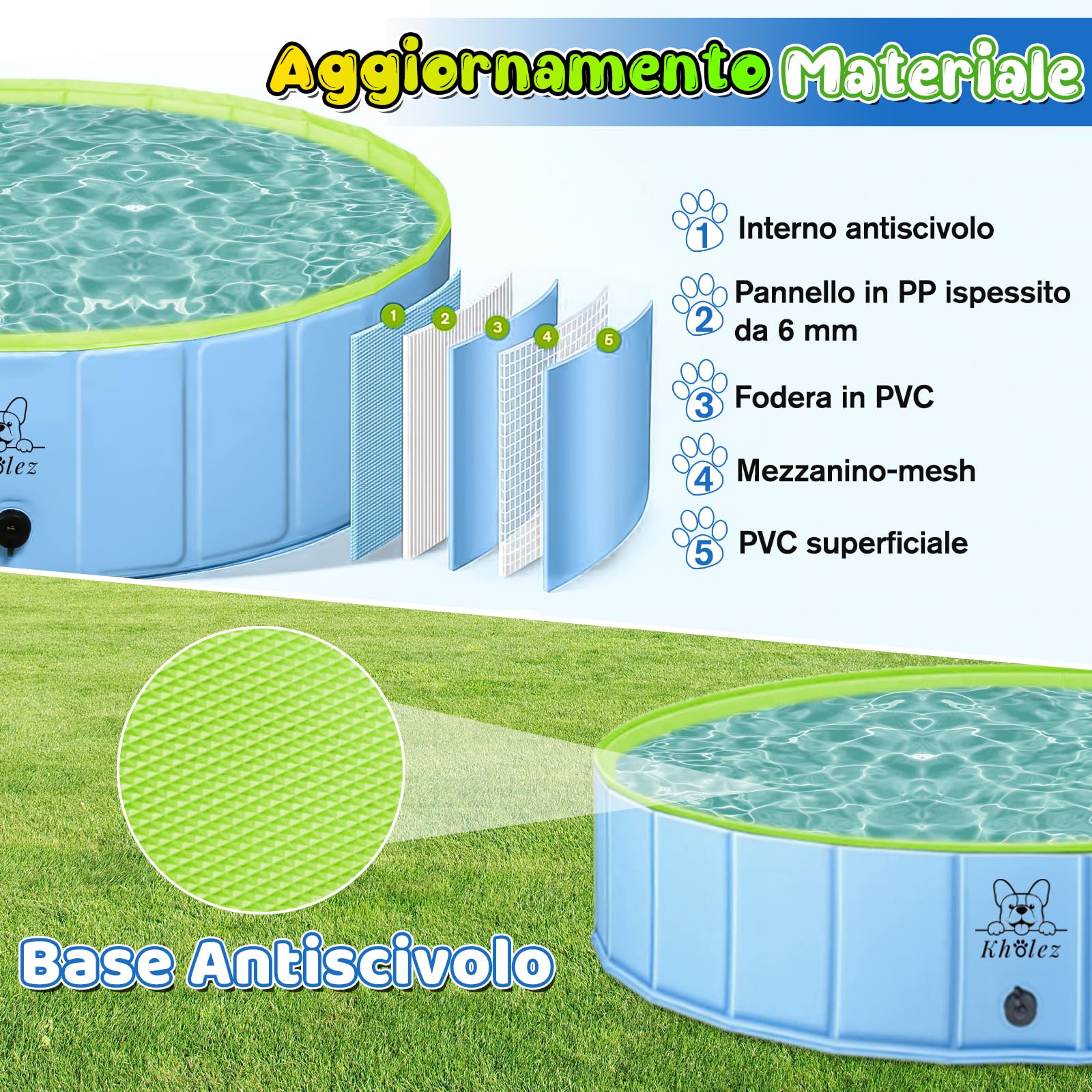 KHOLEZ 120x30CM Piscina per Cani Grandi Piccoli, Vasca da Bagno per Cani, Piscina Bambini Pieghevole, Piscina Portatile Stabile e Antiscivolo con Spazzola da Bagno, Valvola di Scarico, Toppe in PVC x4