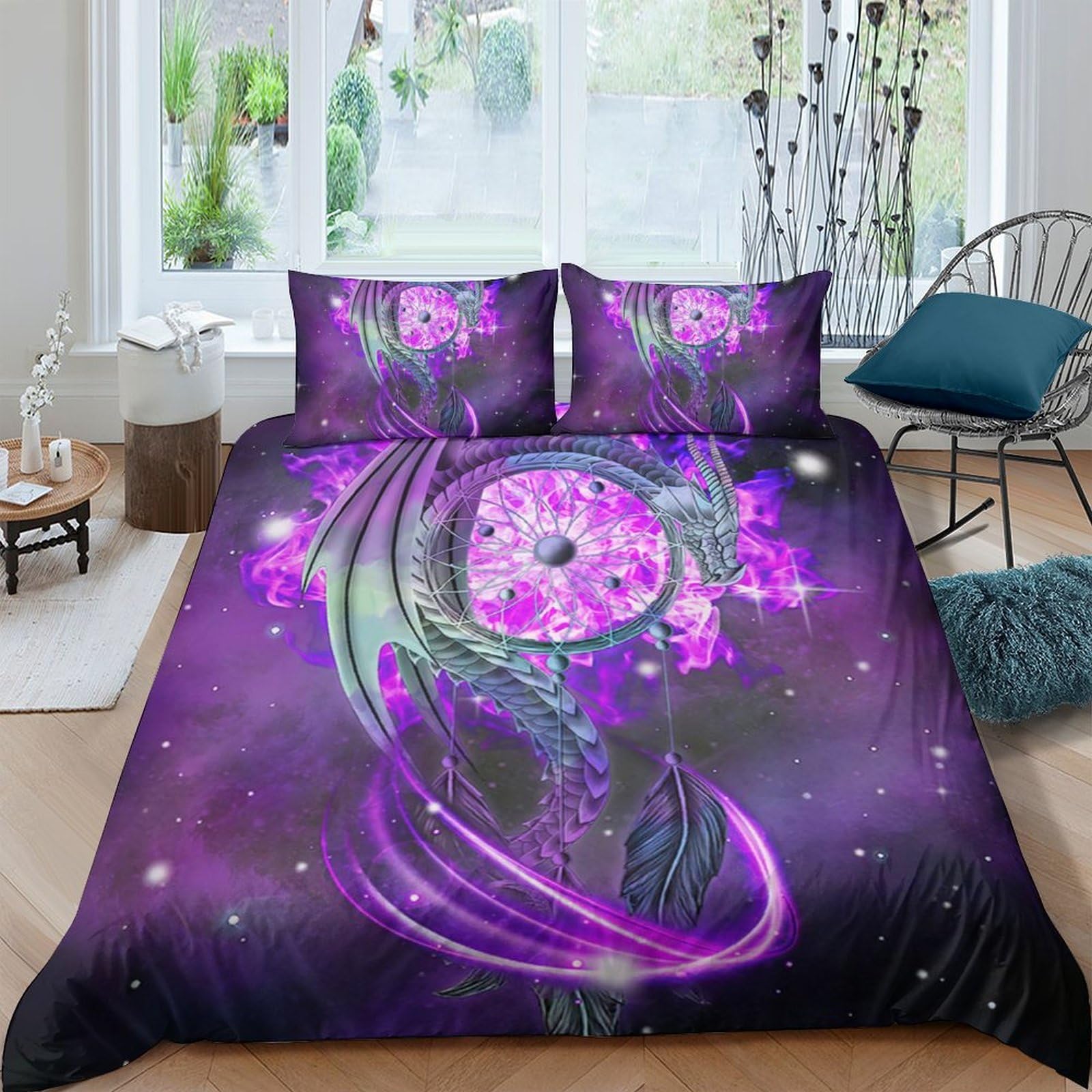 TUFRTGYHN 3D Printed Purple Galaxy Starry Sky Duvet Cover Set Microfiber Soft Breathable Cosmic Nebula Quilt Cover with 2 Pillowcases for Bedroom Single（135x200cm）