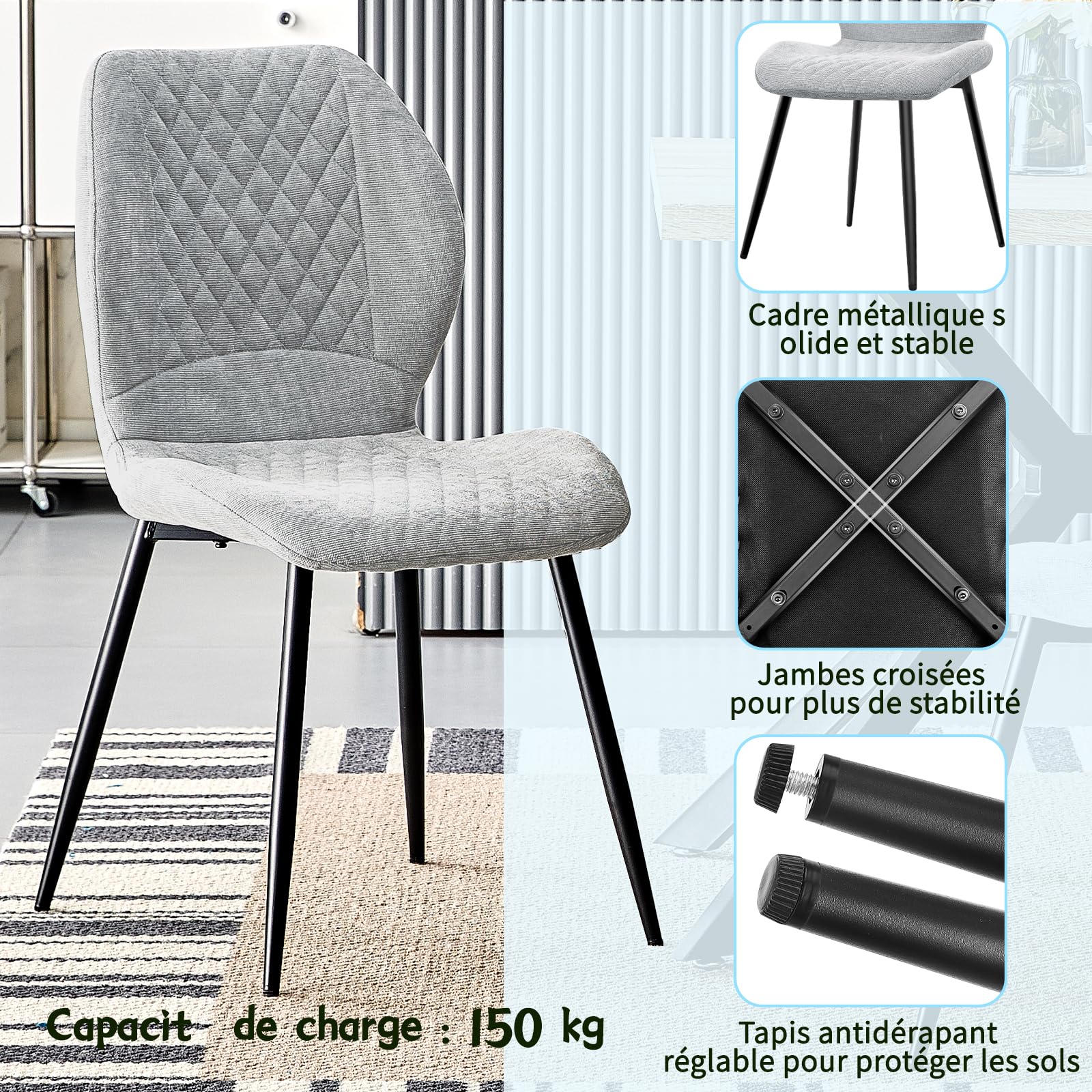 Chaise Scandinave Lot De 6 Chaises Salle à Manger JIJIAN Grises - Scandinaves Avec Pieds Métal, Confortables Et Robustes