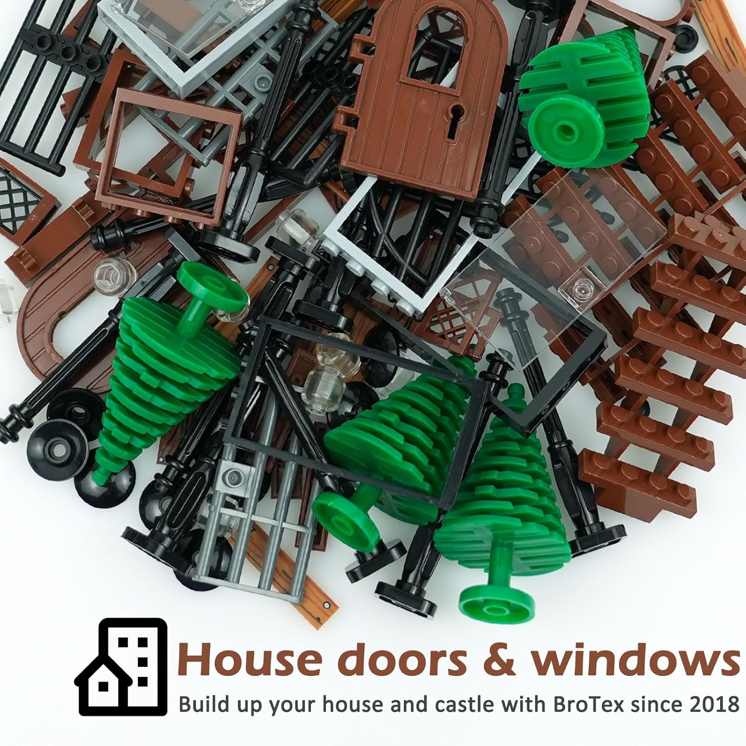 BroTex Doors Windows Accessories Bricks Pieces, City House Parts Garden Classic Road Lamp Light Ladder Gate Castle, Creative DIY Construction
