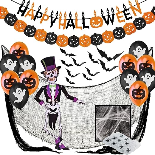 Halloween Home XXL Decorations - Happy Halloween Bunting, Bunting, Balloons, Spider Web, 3D Bats, Articulated Skeleton, Black Creepy Rag, Scary Cloth Cloth