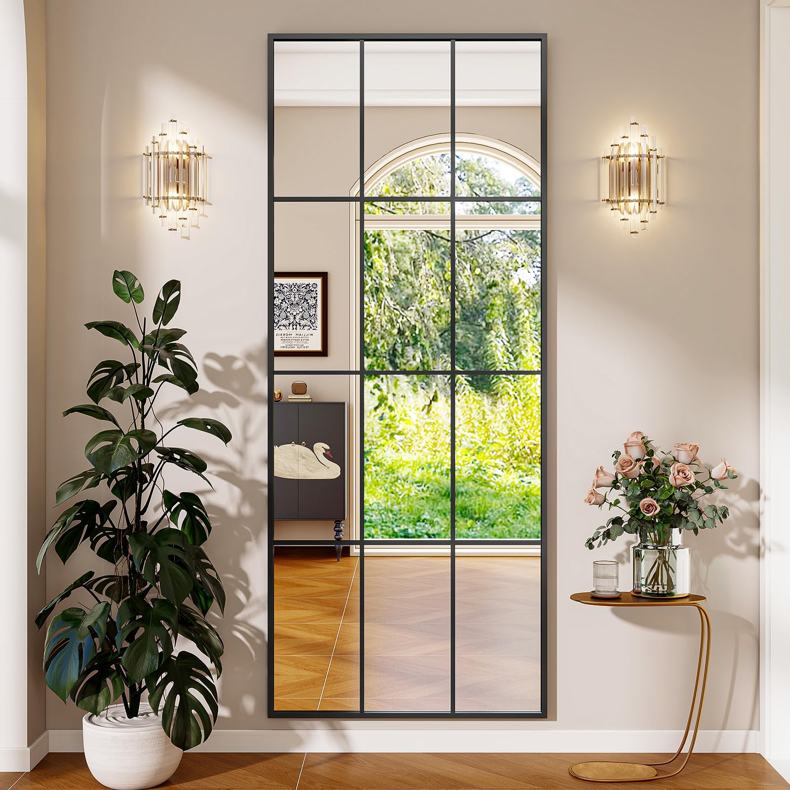 Koonmi Miroir Fenêtre 60 x 165 cm Rectangulaire Grille Décorative Corps Plein Cadre Métal Suspendu Entrée Salon Noir